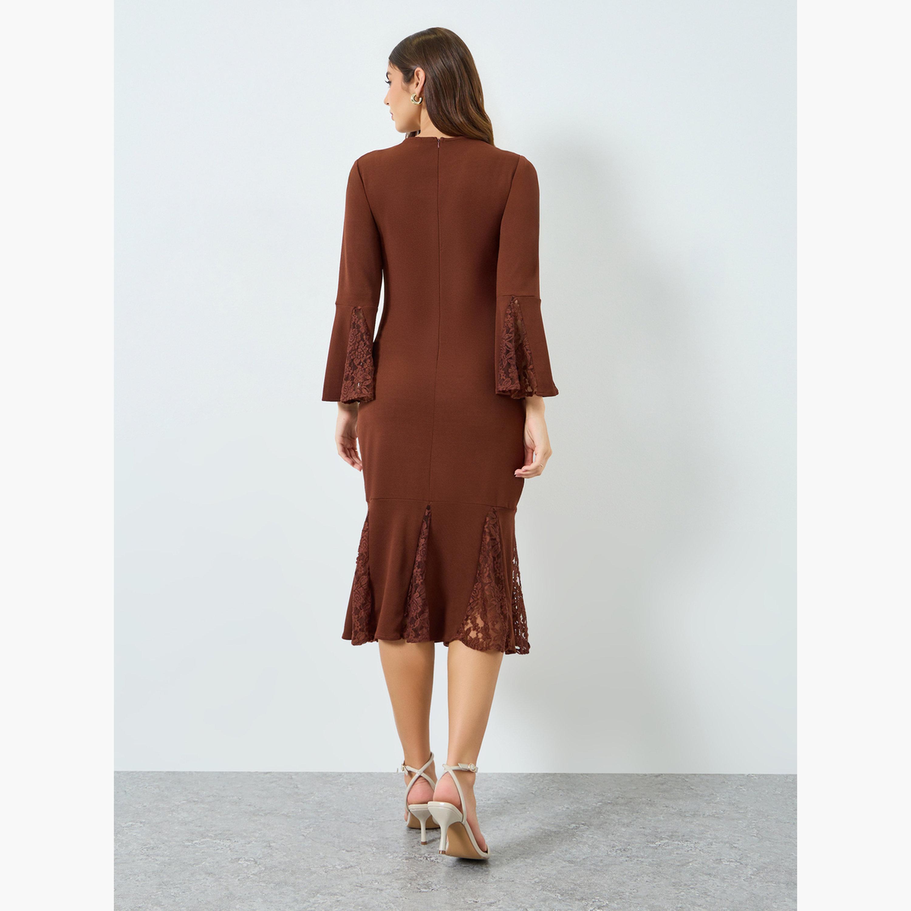 Styli Women Brown Lace Detail Mermaid Midi Dress-women-clothing-dresses-image-4