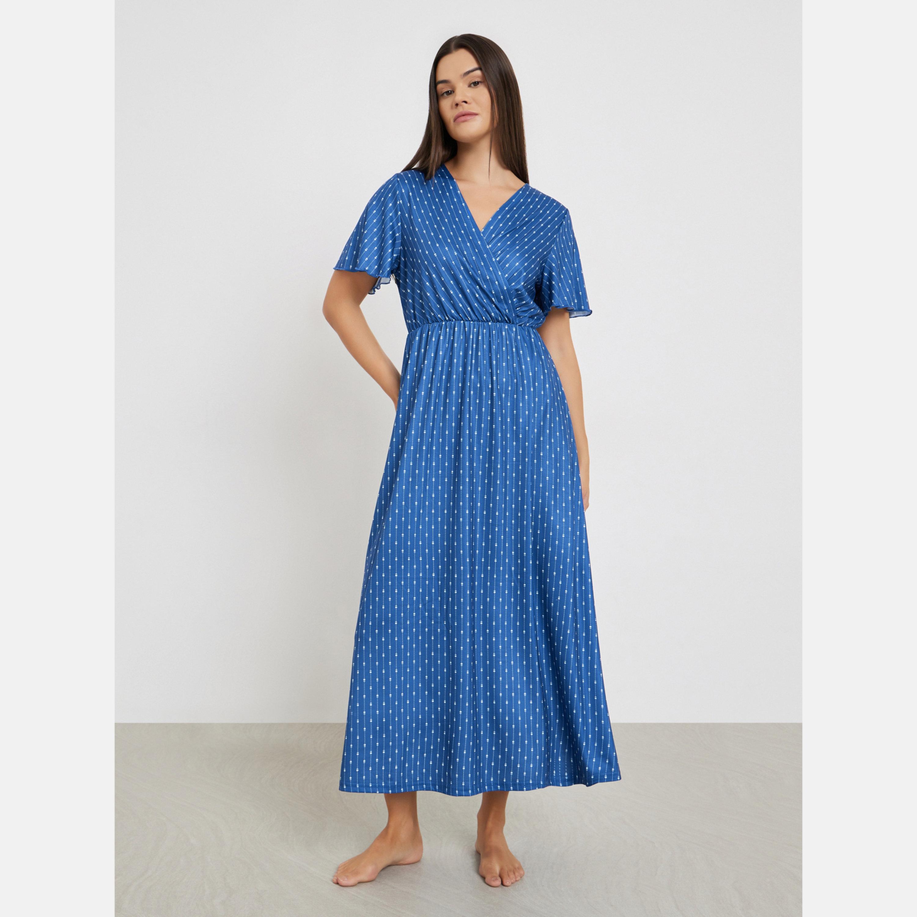 ستايلي - فستان نوم مطبوع بتصميم ملفوف بأكمام قصيرة-women-clothing-nightwear-nighties-image-1