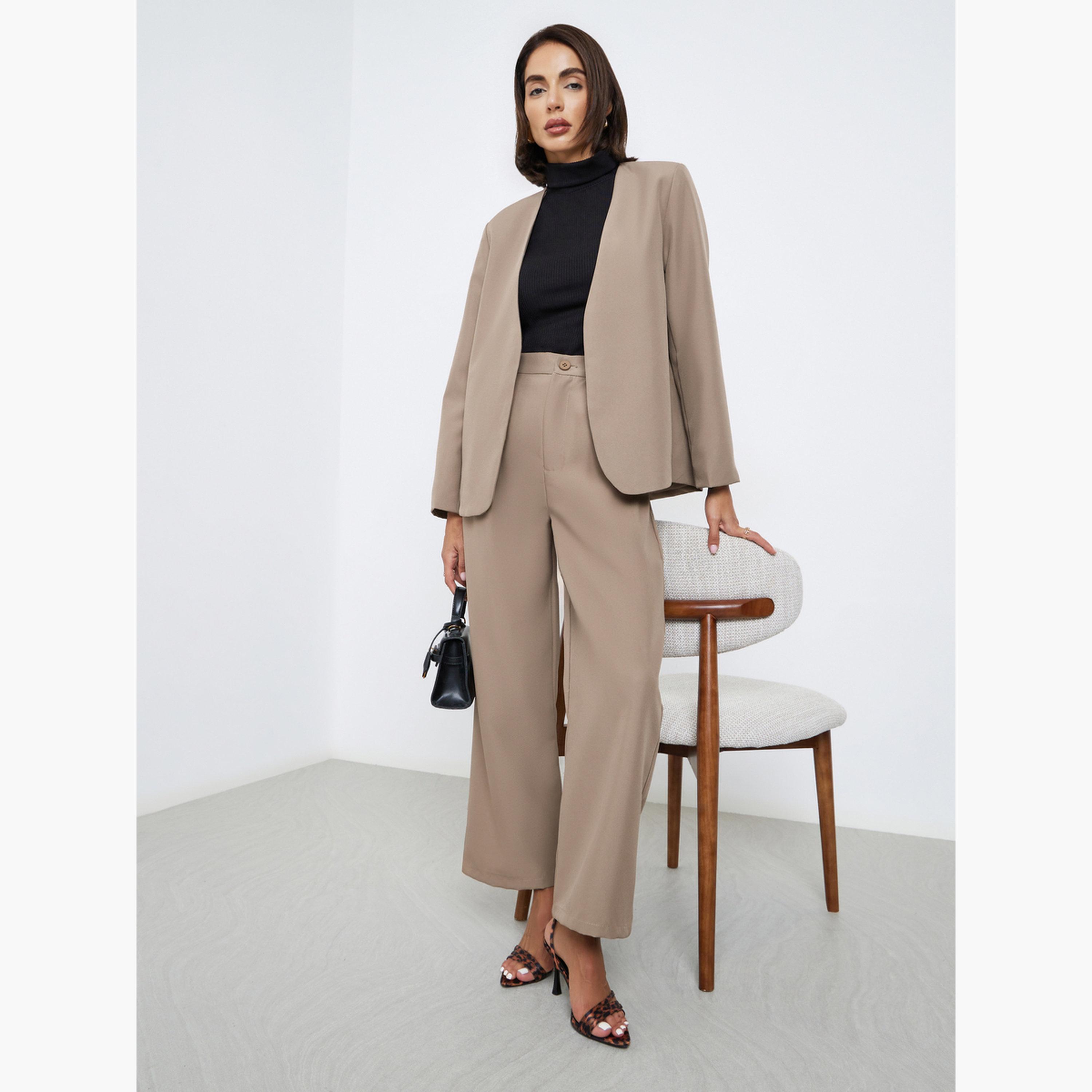 ستايلي - طقم بليزر وبنطال مفتوح من الأمام باللون البني للنساء-women-clothing-coordsets-image-1