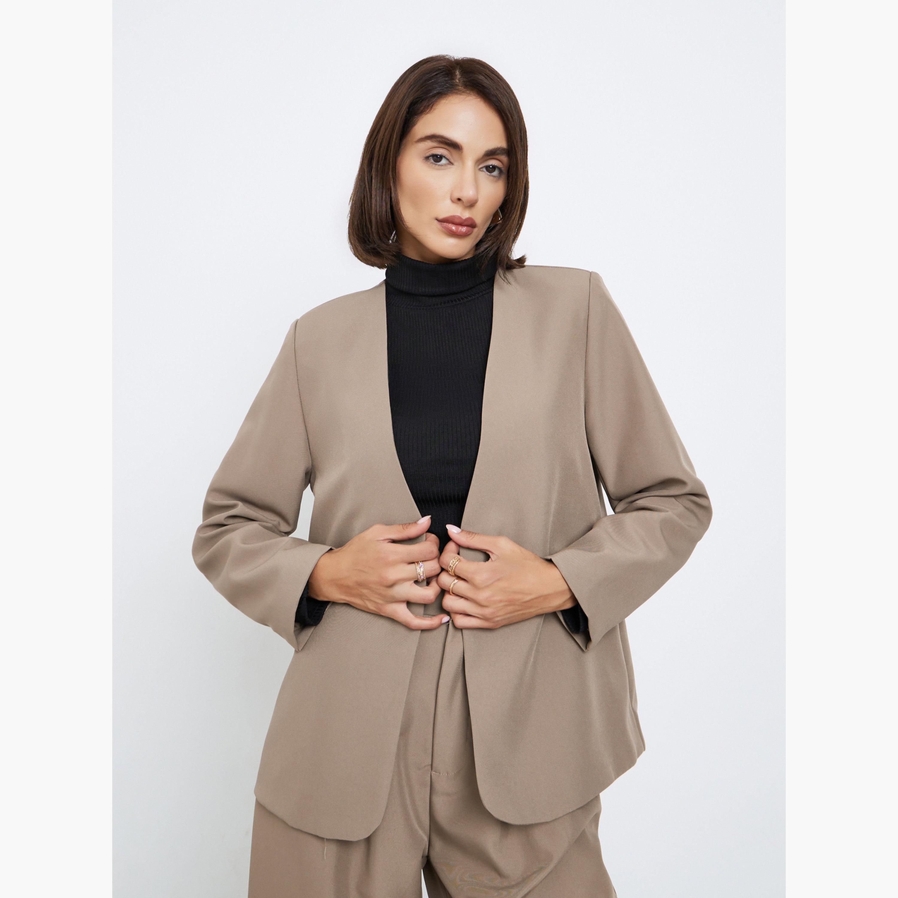 ستايلي - طقم بليزر وبنطال مفتوح من الأمام باللون البني للنساء-women-clothing-coordsets-image-2