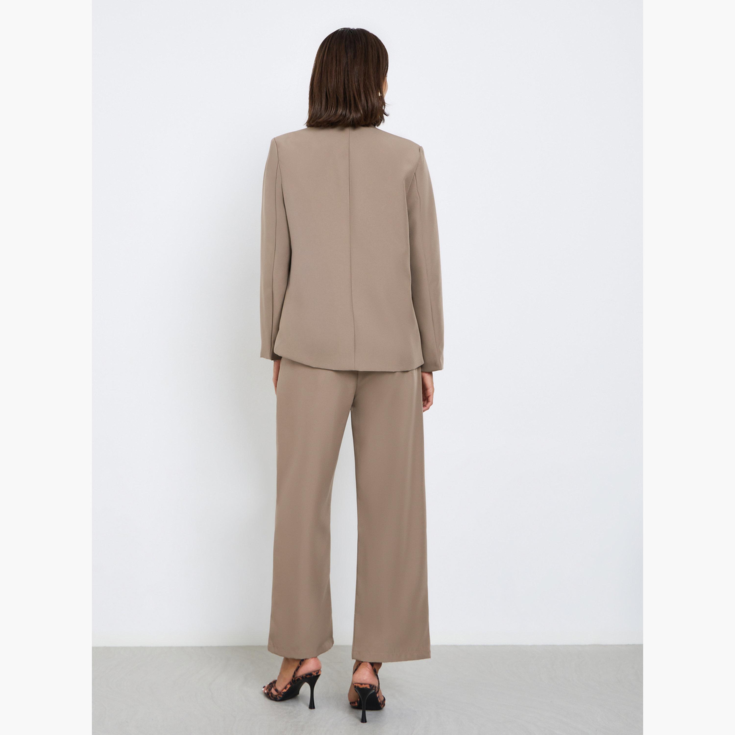 ستايلي - طقم بليزر وبنطال مفتوح من الأمام باللون البني للنساء-women-clothing-coordsets-image-3