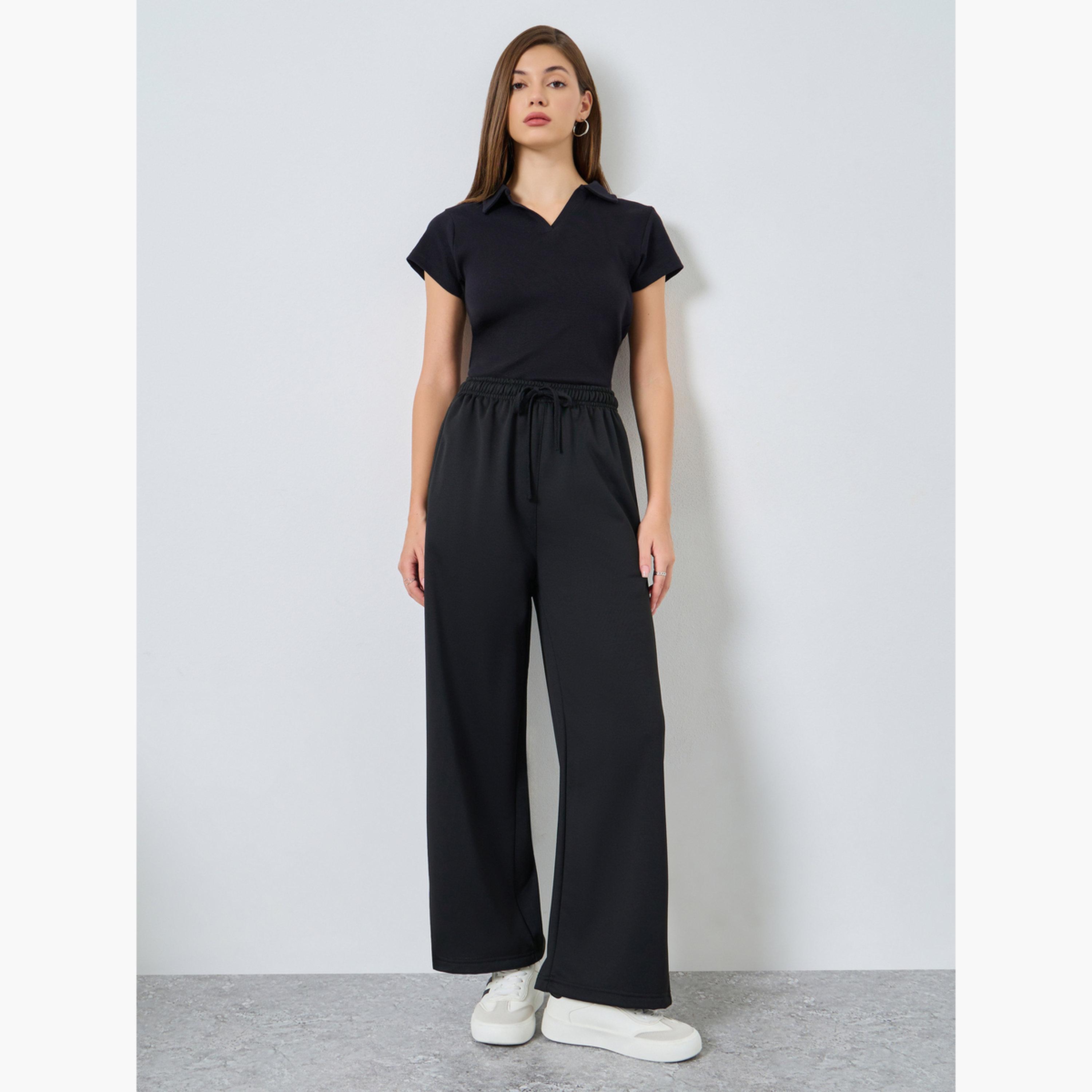 Styli Women Black Solid Wide Leg Joggers-women-clothing-bottoms-joggers-image-2