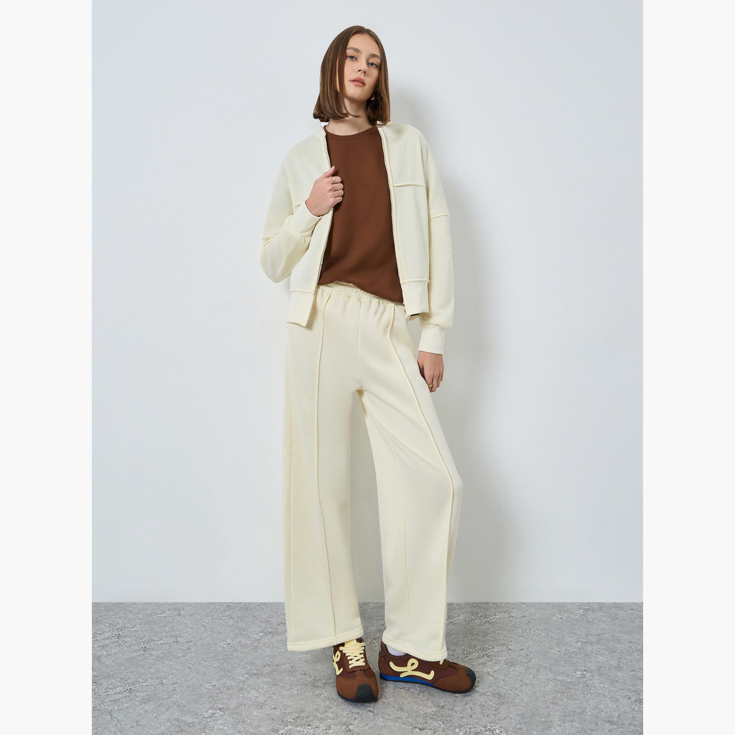 Styli Women Cream Regular Fit Zip Jacket and Pants Co-ords-women-clothing-coordsets-image-1