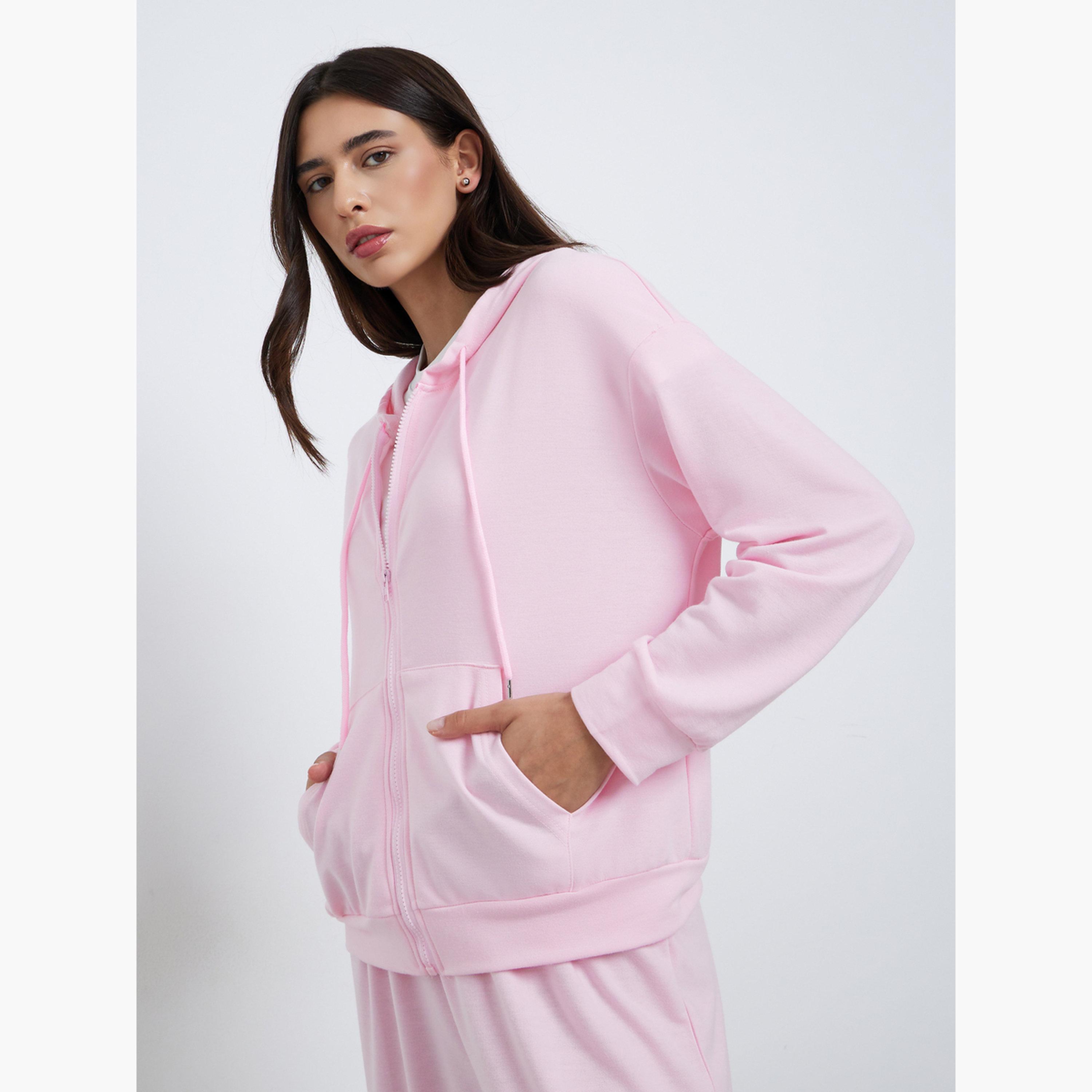 ستايلي - هودي وردي بسحاب مع بنطال رياضي-women-clothing-coordsets-image-3