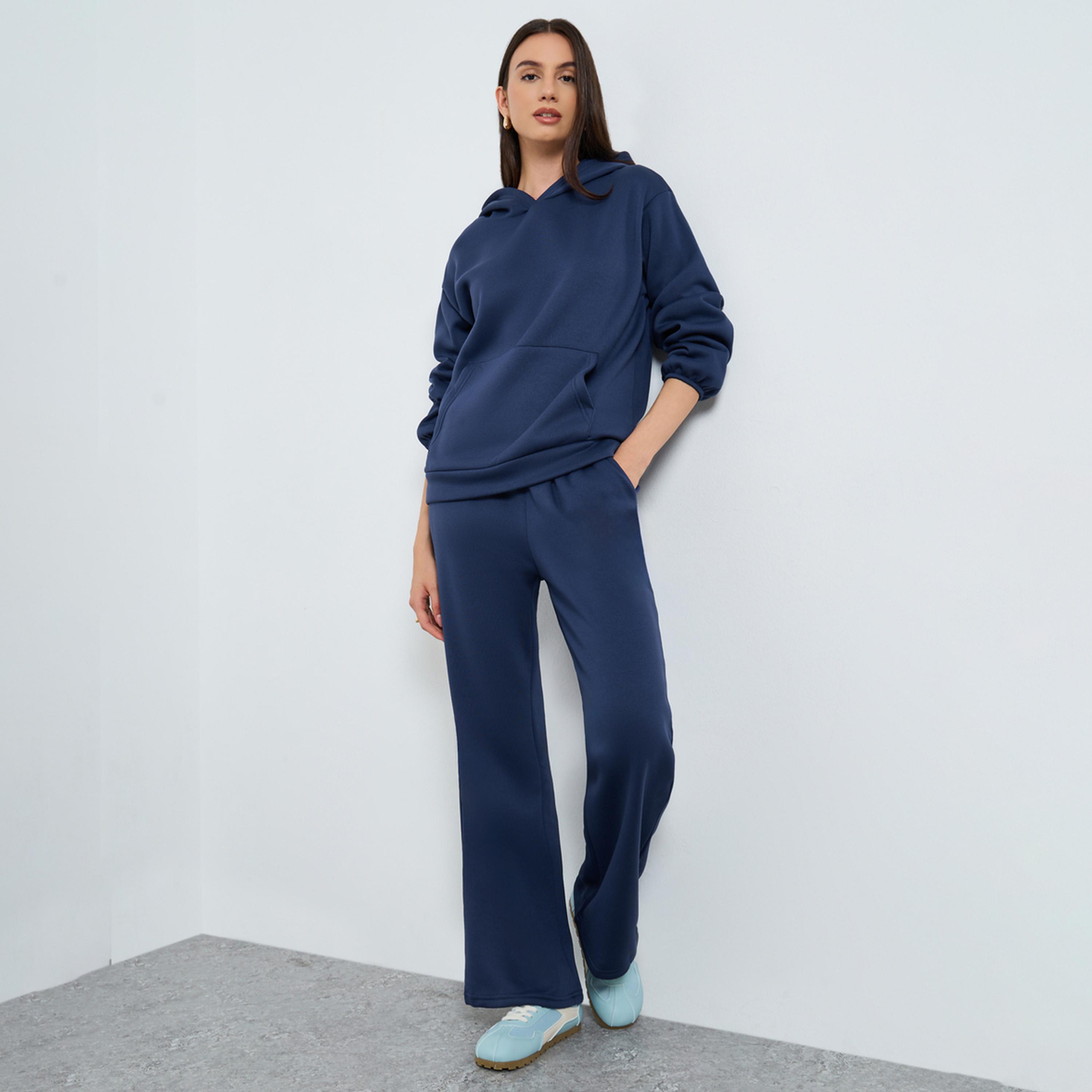 Styli Dark Blue Solid Hoodie and Joggers Co-Ords-women-clothing-coordsets-image-1