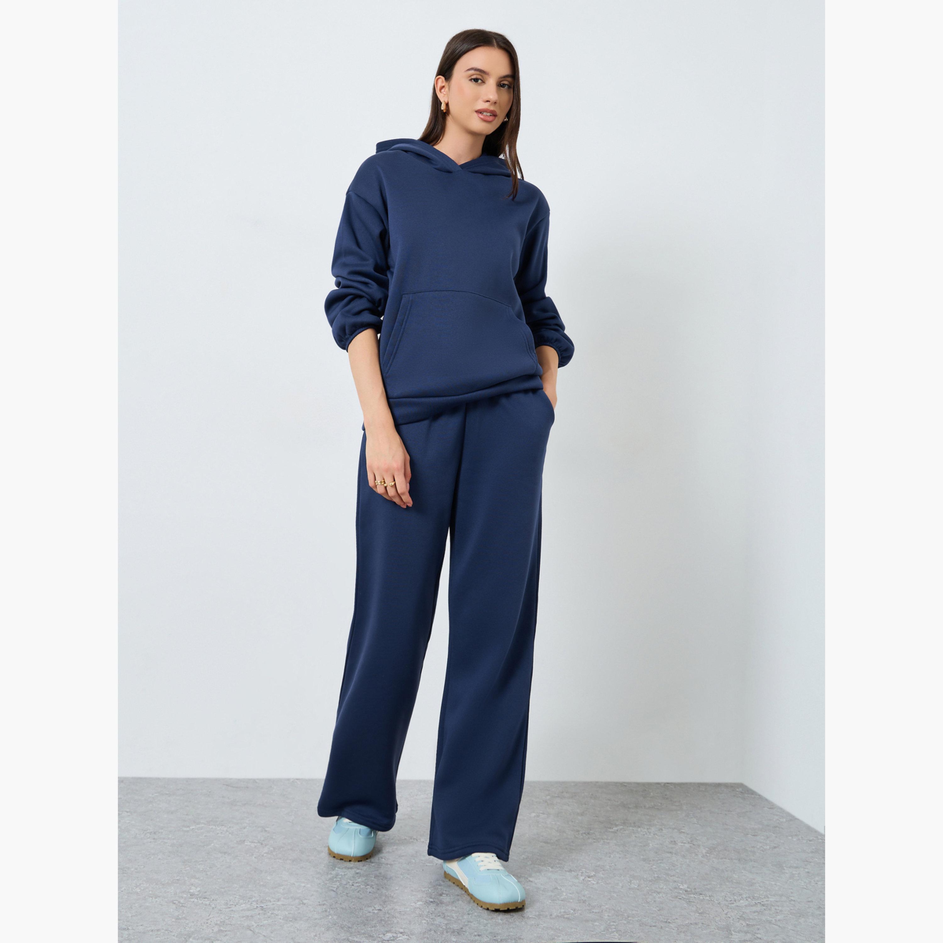 Styli Dark Blue Solid Hoodie and Joggers Co-Ords-women-clothing-coordsets-image-2