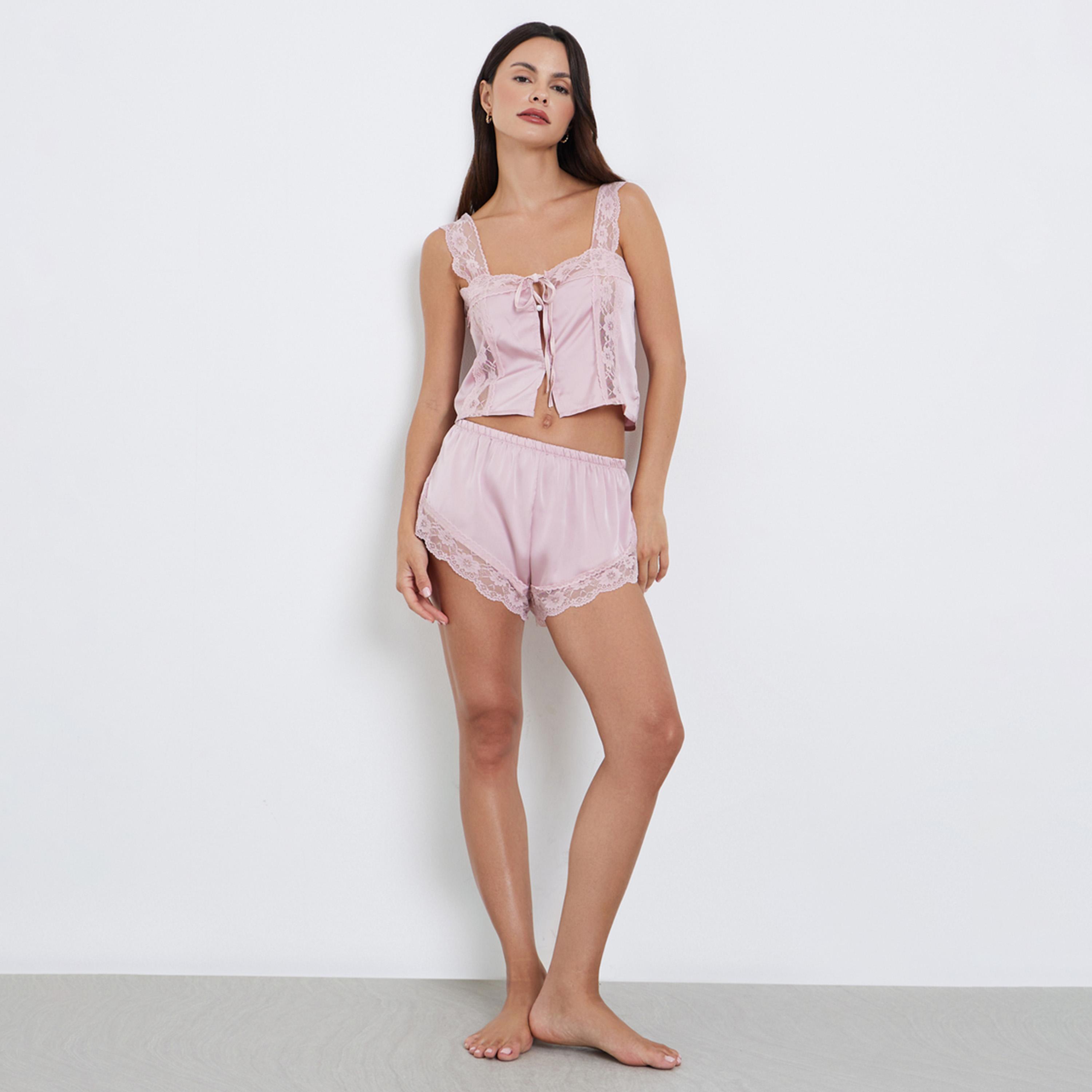 Styli Satin Lace Insert Tank Top with Front Tie Detail and Shorts Set-women-clothing-lingerie-lingeriesets-image-1