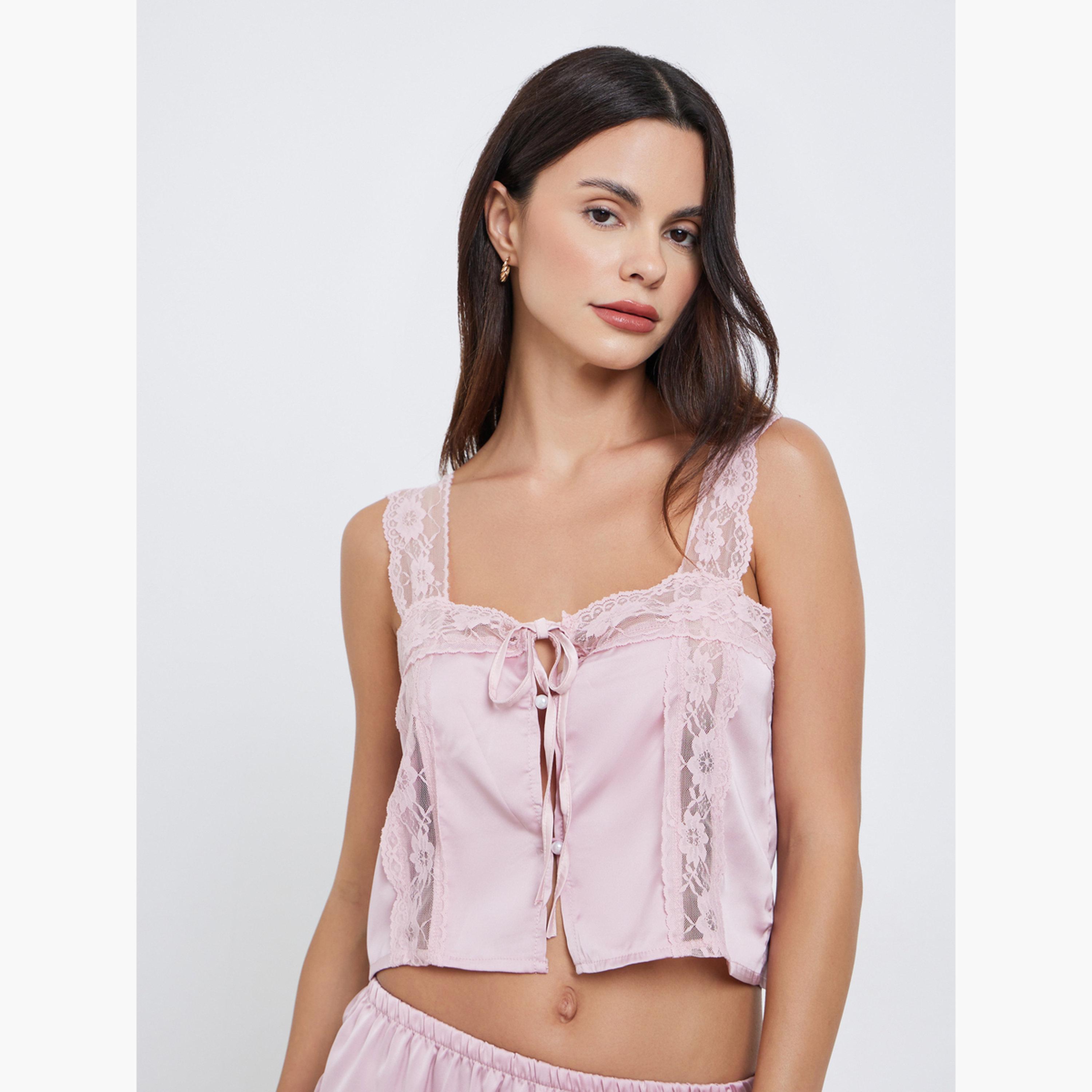 Styli Satin Lace Insert Tank Top with Front Tie Detail and Shorts Set-women-clothing-lingerie-lingeriesets-image-2