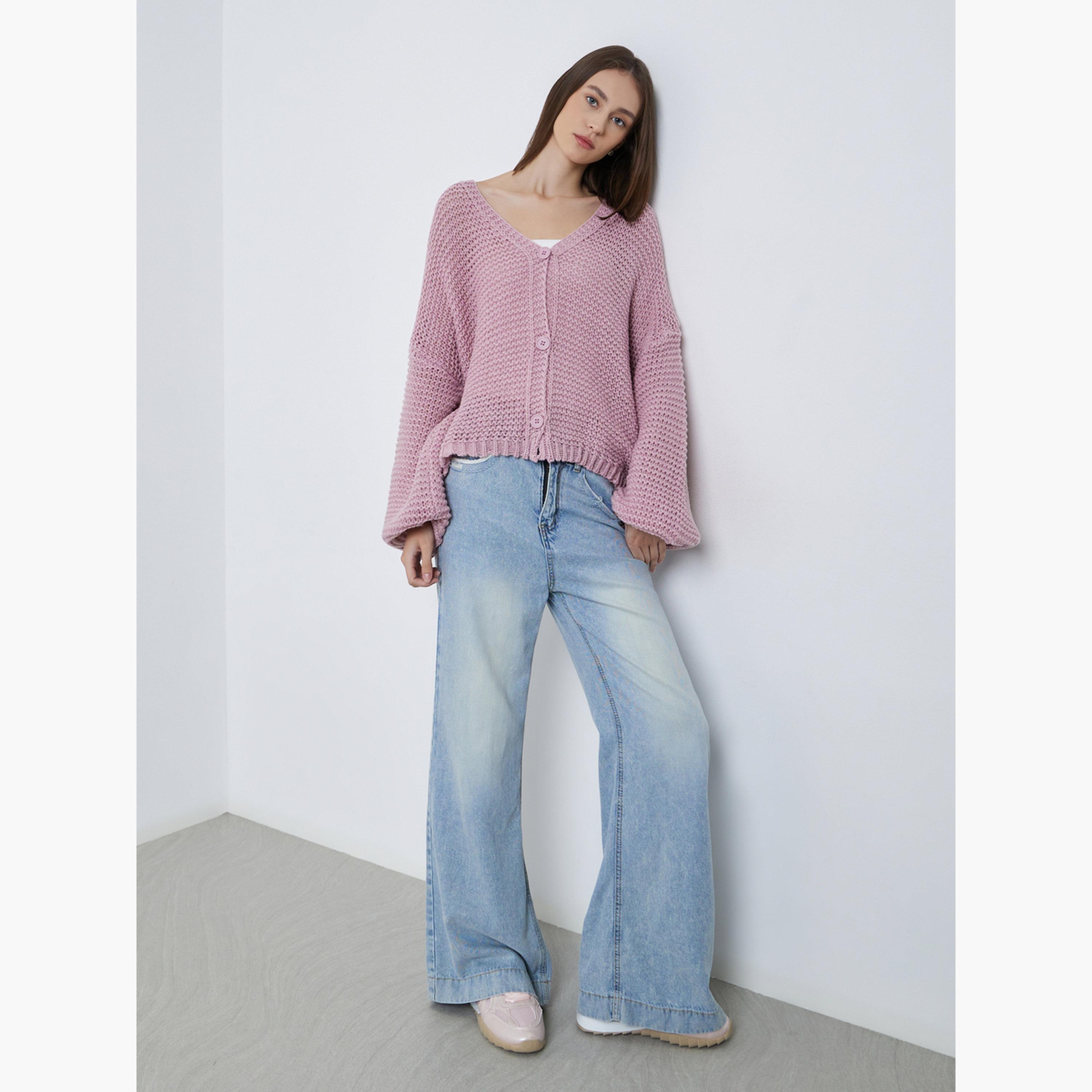 ستايلي - كارديغان محبوك سميك بقصّة مربعة وردية اللون للنساء -women-winterwear-cardigansandjumpers-cardigans-image-1