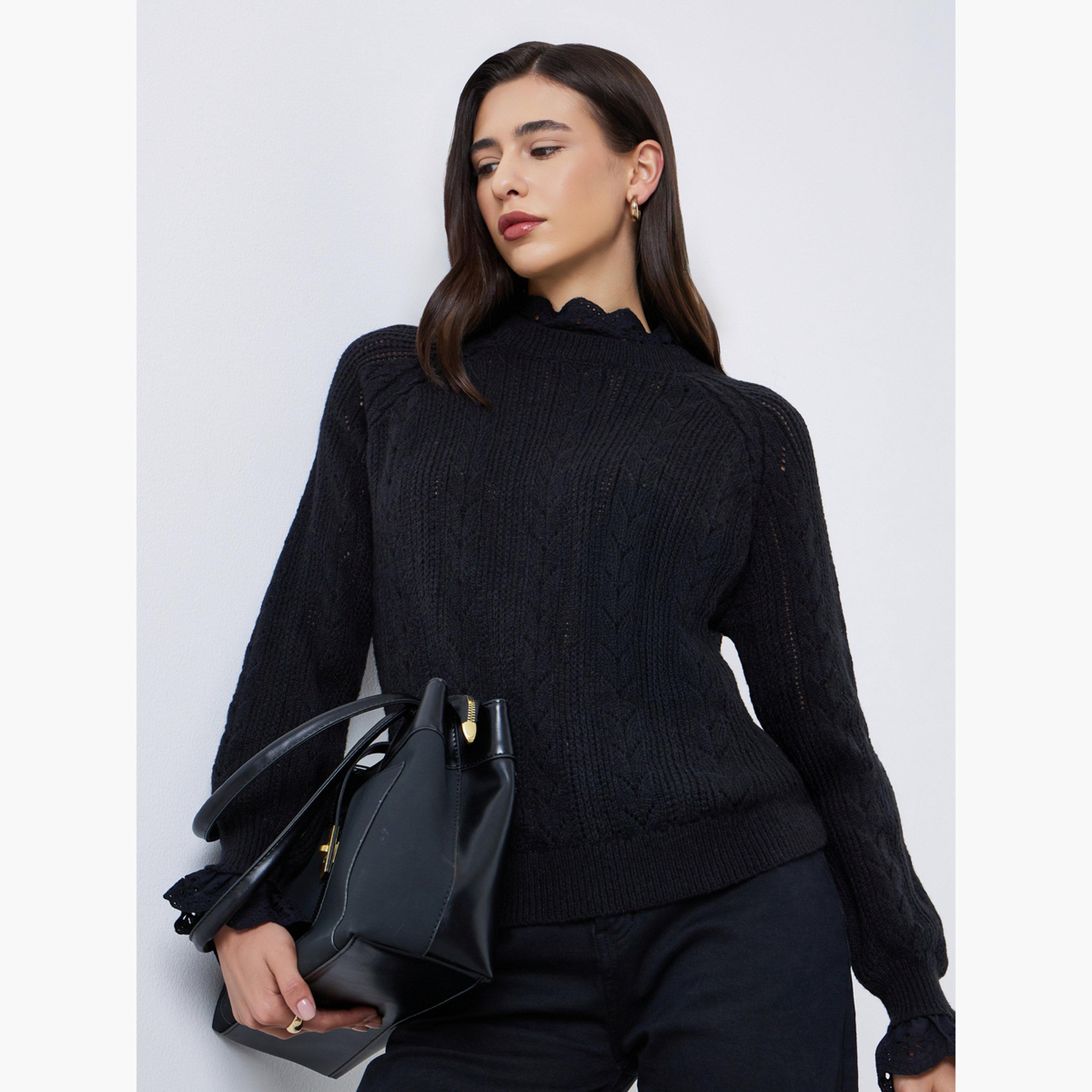Styli Black Ruffle Schiffli Trim Knit Regular Fit Round Neck Long Sleeves Women's Sweater-women-winterwear-cardigansandjumpers-jumpers-image-1