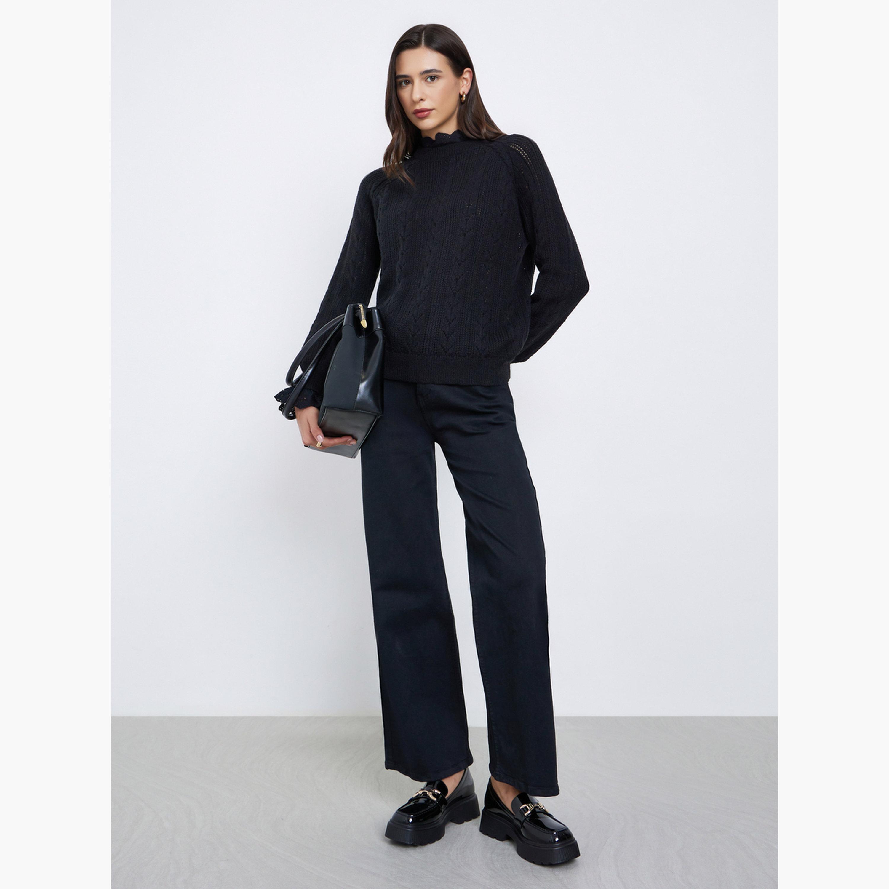 Styli Black Ruffle Schiffli Trim Knit Regular Fit Round Neck Long Sleeves Women's Sweater-women-winterwear-cardigansandjumpers-jumpers-image-2