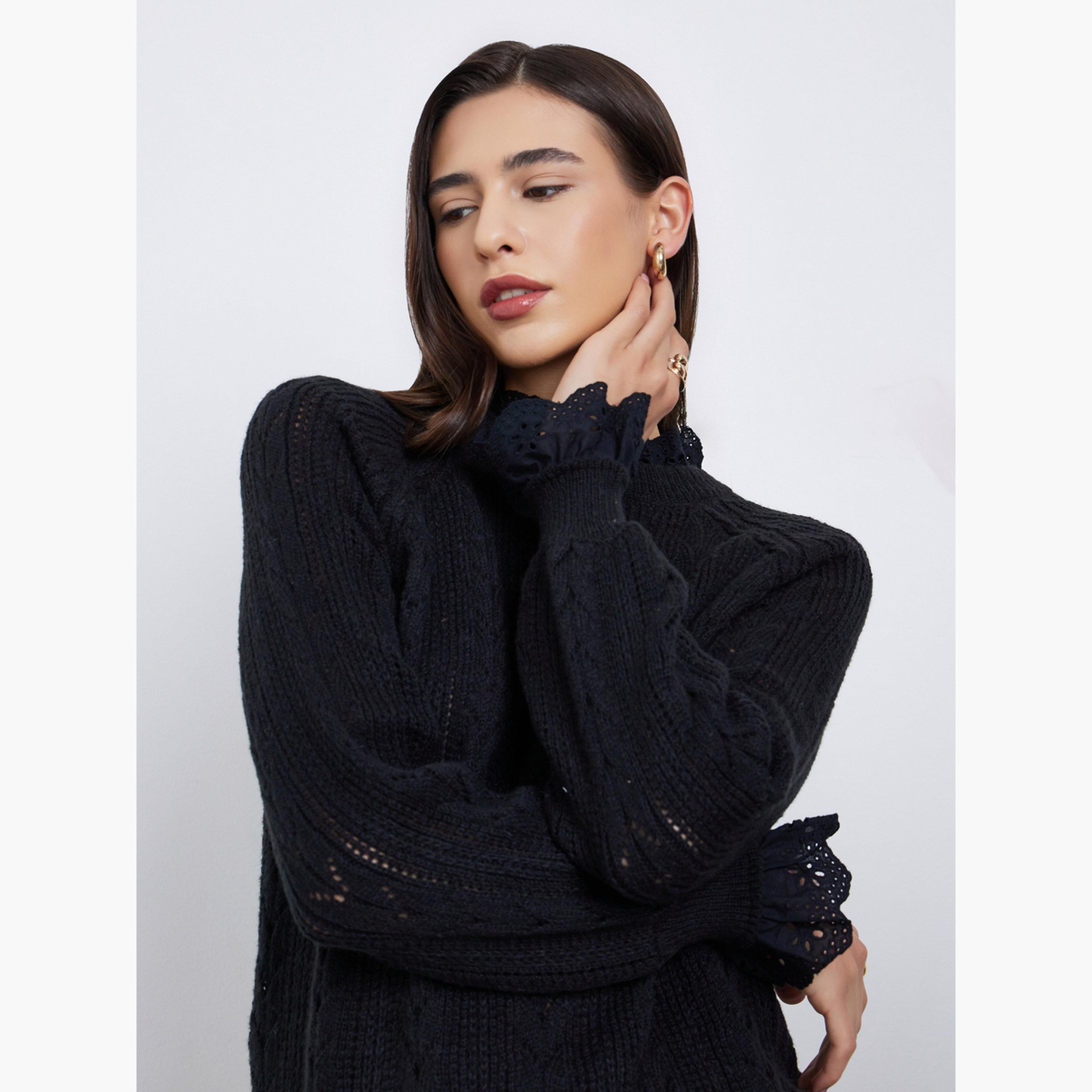 Styli Black Ruffle Schiffli Trim Knit Regular Fit Round Neck Long Sleeves Women's Sweater-women-winterwear-cardigansandjumpers-jumpers-image-3