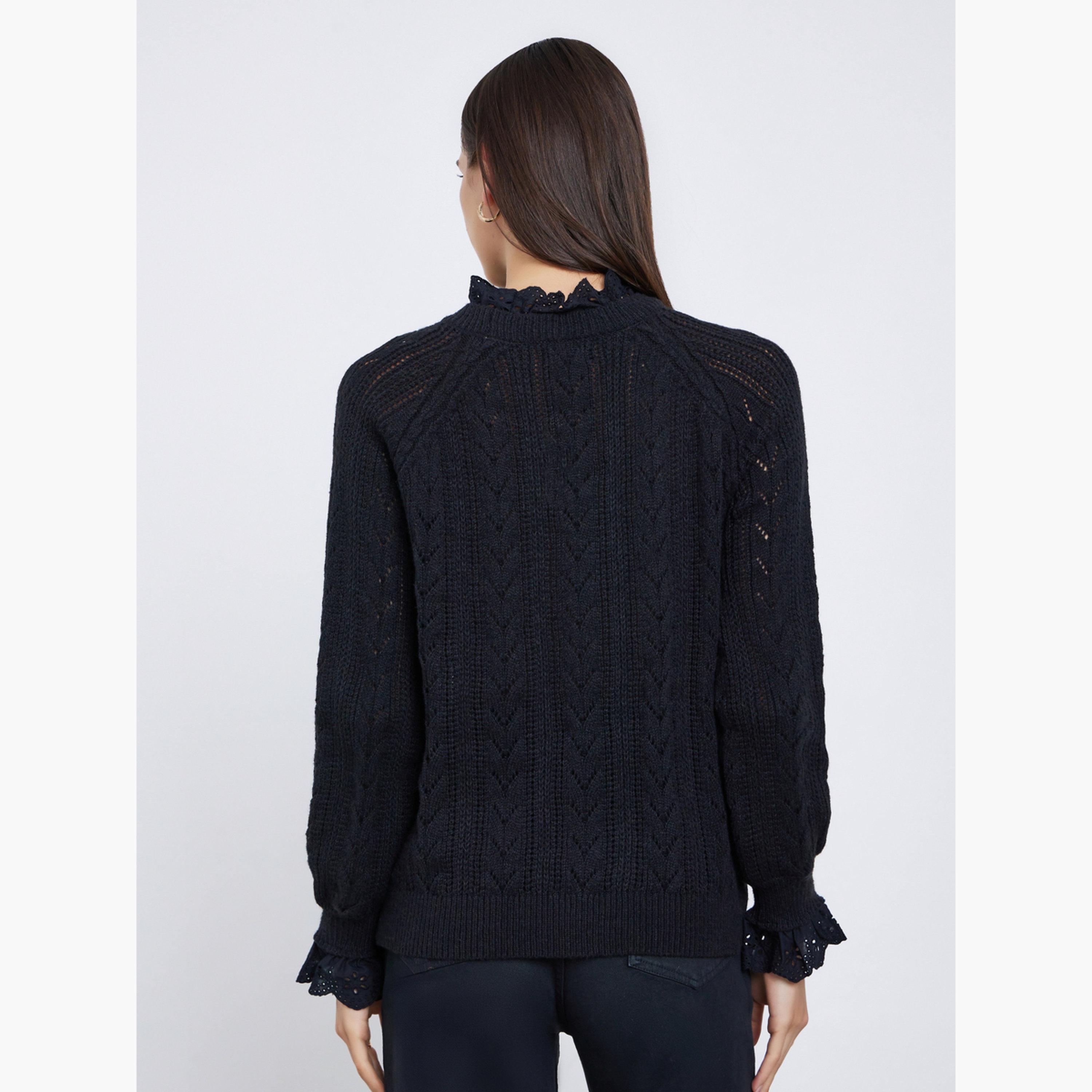 Styli Black Ruffle Schiffli Trim Knit Regular Fit Round Neck Long Sleeves Women's Sweater-women-winterwear-cardigansandjumpers-jumpers-image-4