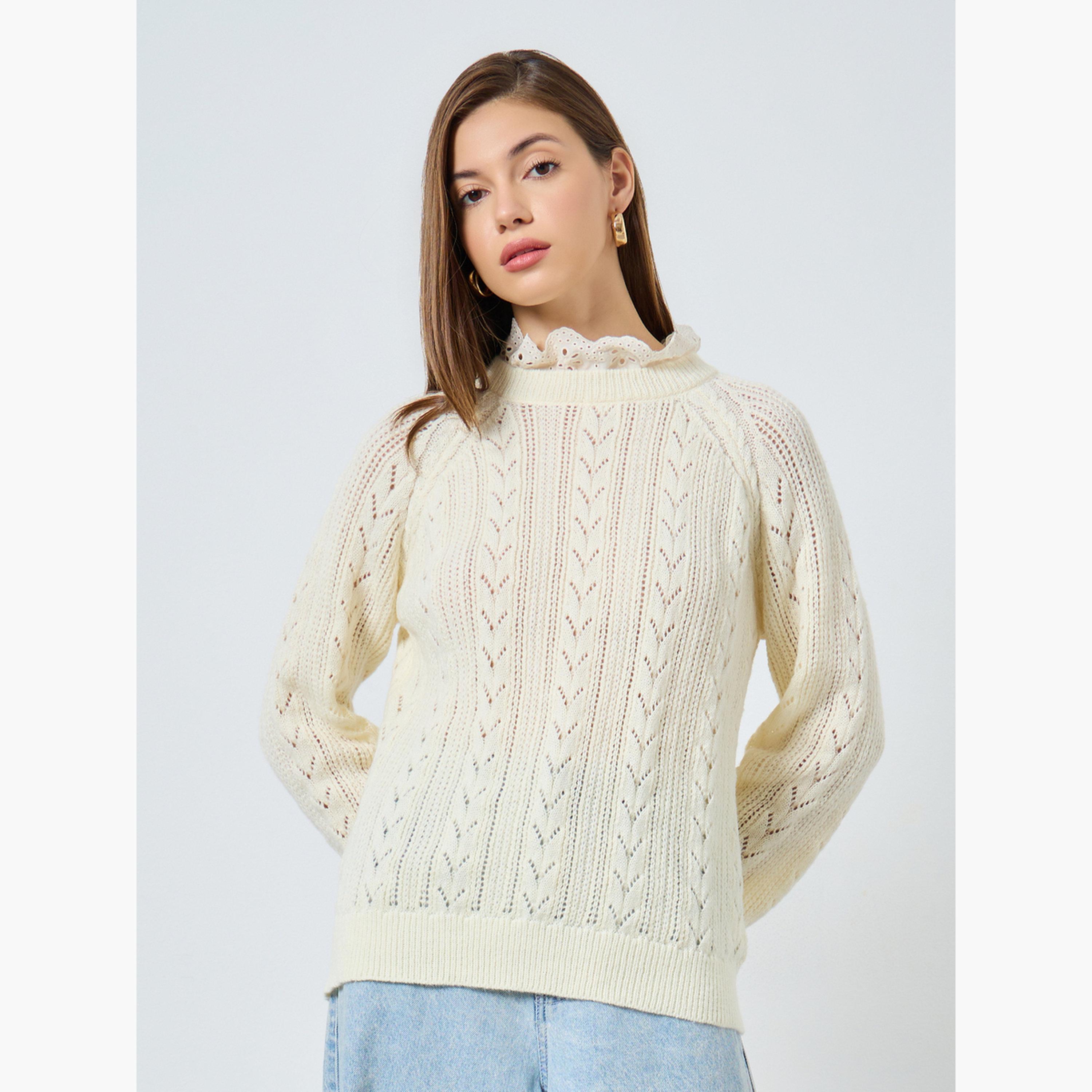 Styli Off White Ruffle Schiffli Trim Knit Regular Fit Round Neck Long Sleeves Women's Sweater-women-winterwear-cardigansandjumpers-jumpers-image-1