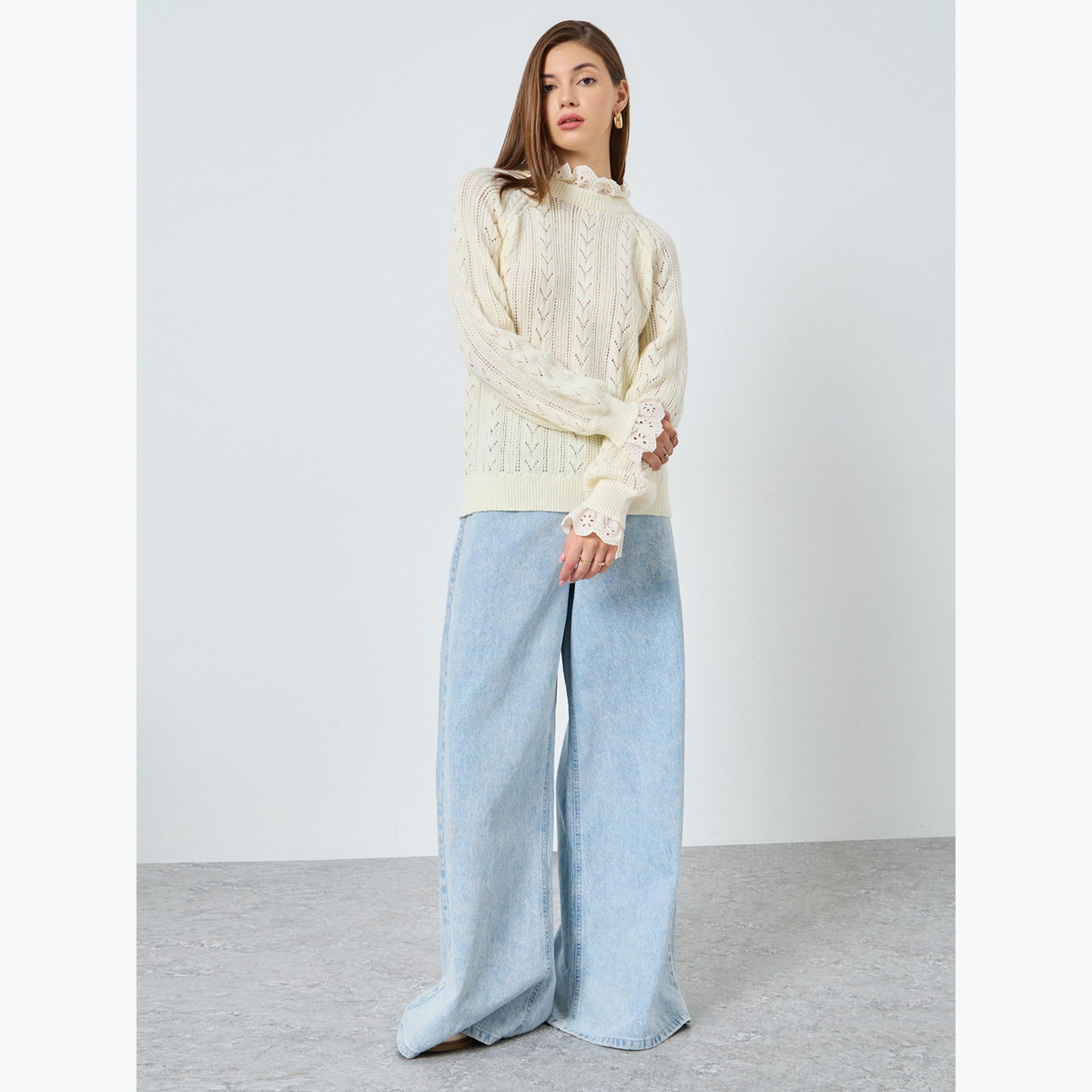 Styli Off White Ruffle Schiffli Trim Knit Regular Fit Round Neck Long Sleeves Women's Sweater-women-winterwear-cardigansandjumpers-jumpers-image-2