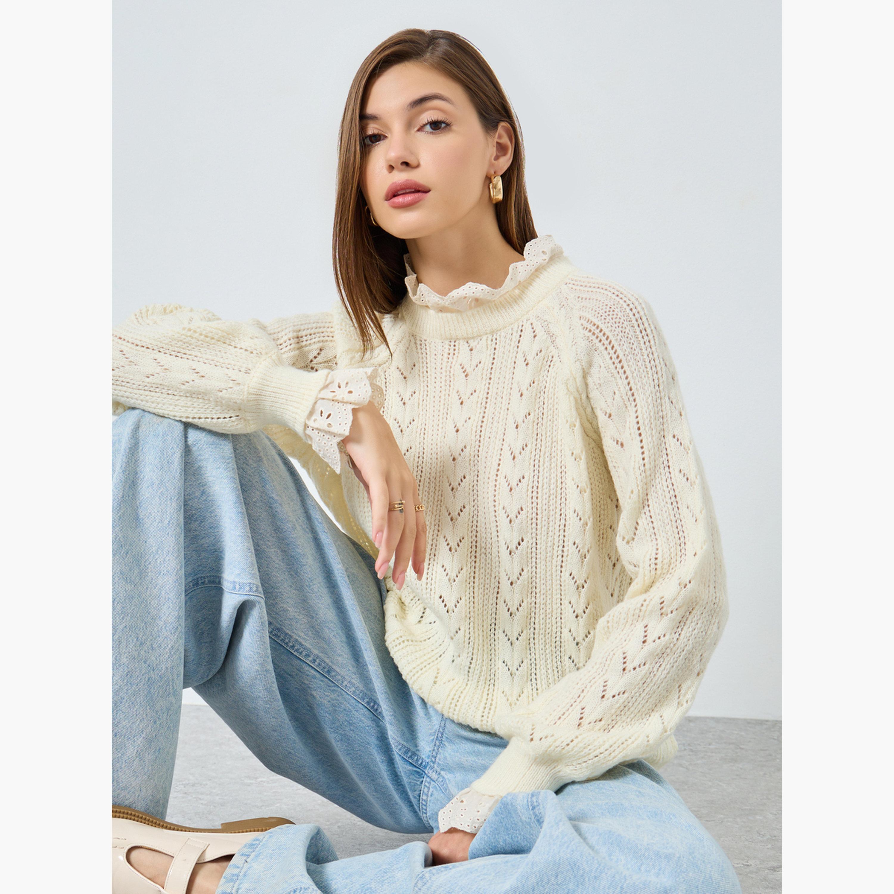 Styli Off White Ruffle Schiffli Trim Knit Regular Fit Round Neck Long Sleeves Women's Sweater-women-winterwear-cardigansandjumpers-jumpers-image-3