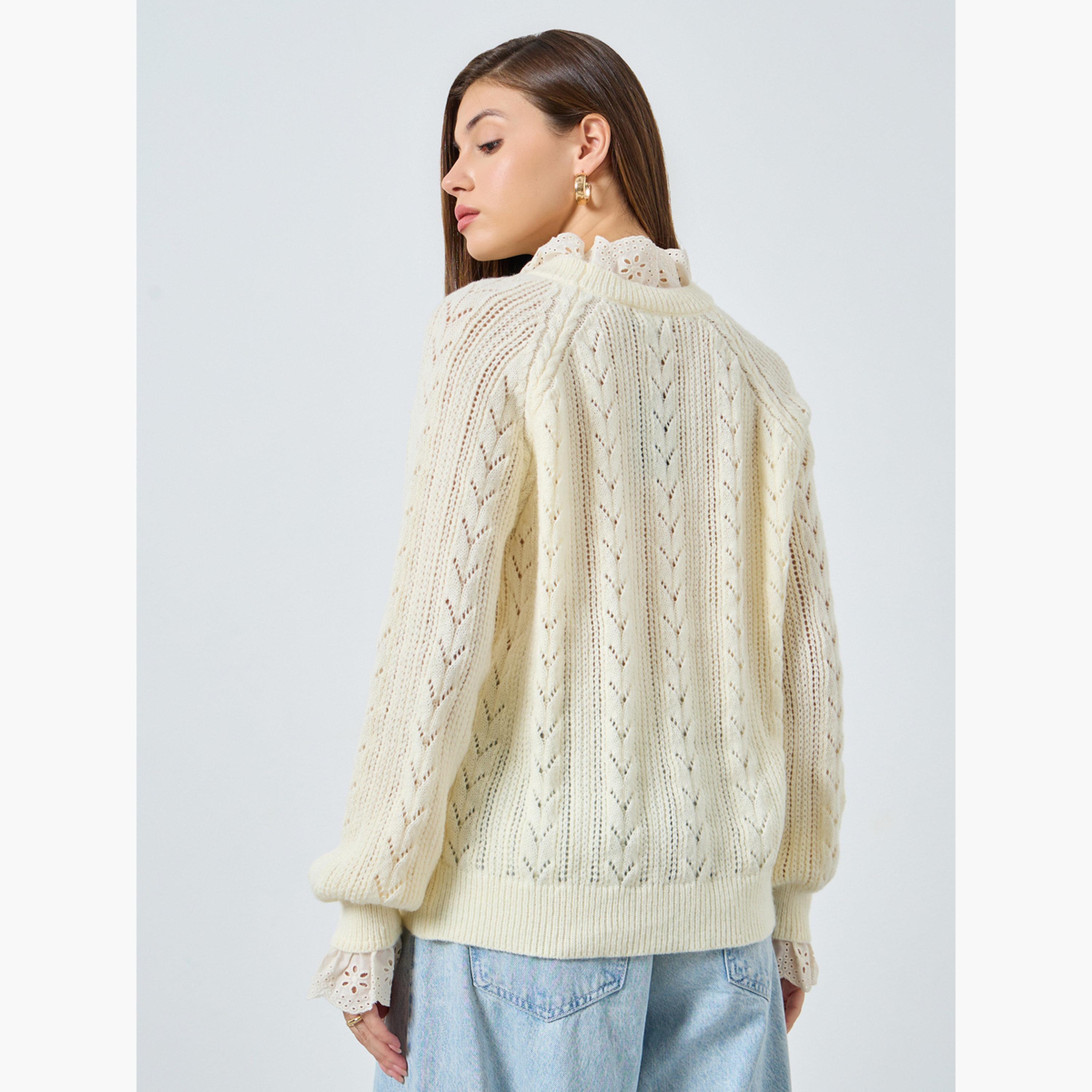 Styli Off White Ruffle Schiffli Trim Knit Regular Fit Round Neck Long Sleeves Women's Sweater-women-winterwear-cardigansandjumpers-jumpers-image-4