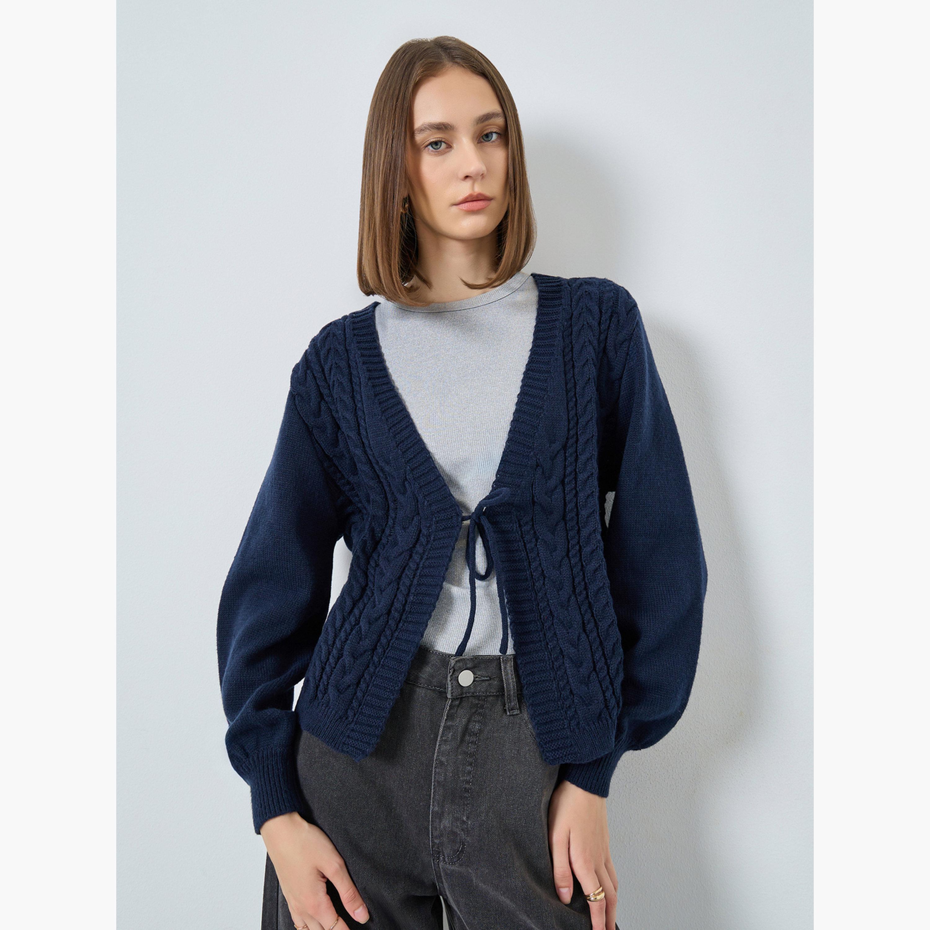 ستايلي - كارديغان كحلي بقصّة مربعة ورباط أمامي نسيج كابل للنساء -women-winterwear-cardigansandjumpers-cardigans-image-1