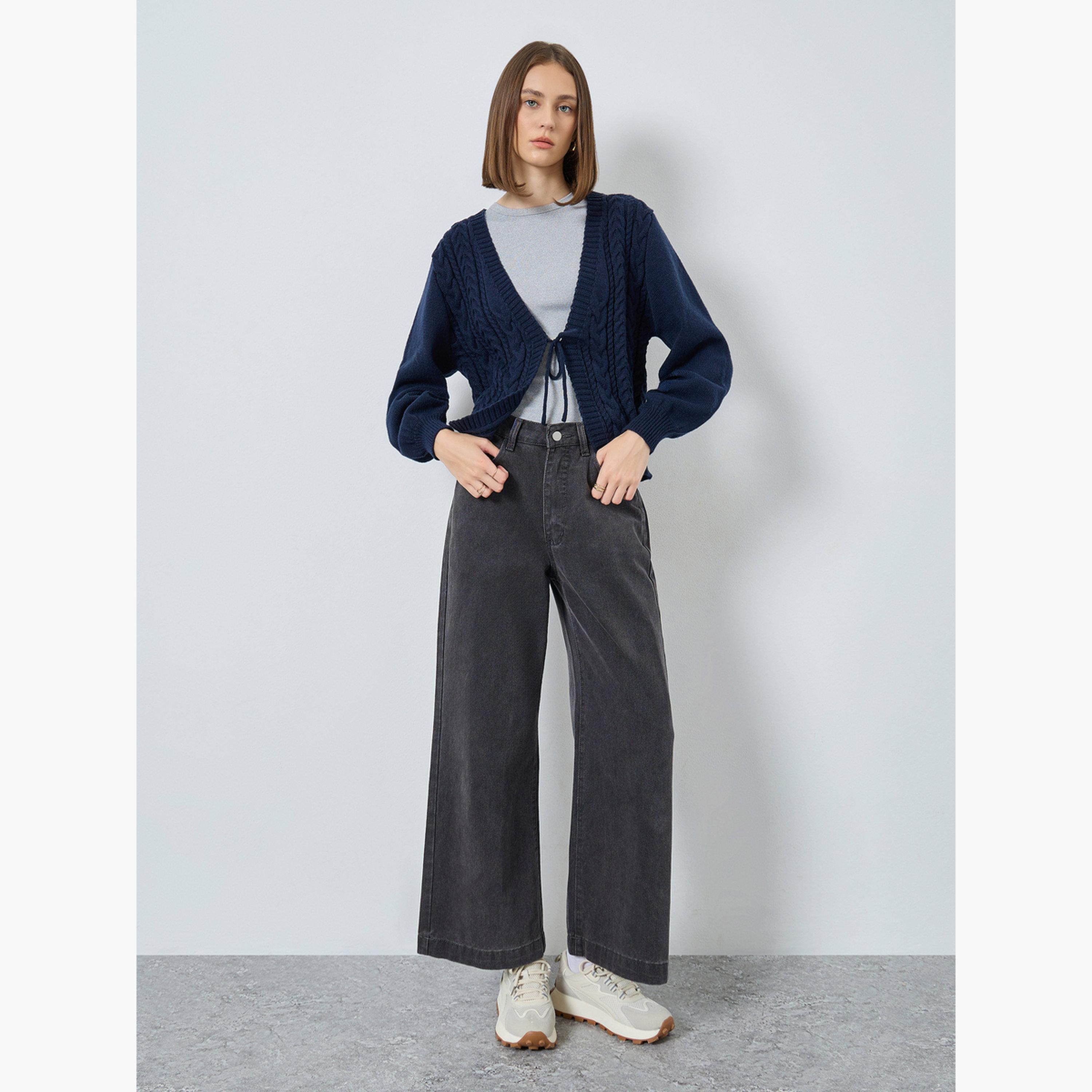 ستايلي - كارديغان كحلي بقصّة مربعة ورباط أمامي نسيج كابل للنساء -women-winterwear-cardigansandjumpers-cardigans-image-2