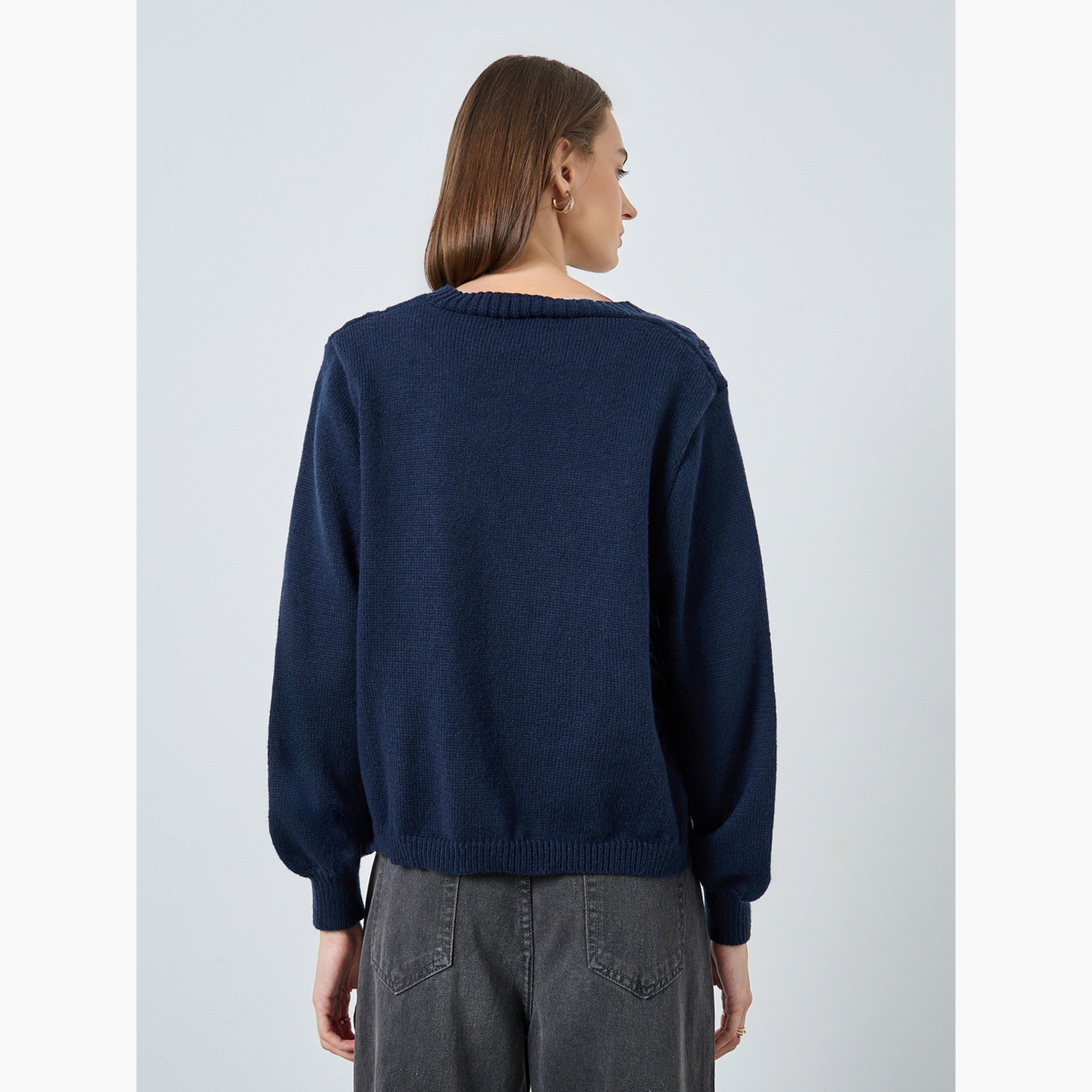 ستايلي - كارديغان كحلي بقصّة مربعة ورباط أمامي نسيج كابل للنساء -women-winterwear-cardigansandjumpers-cardigans-image-4