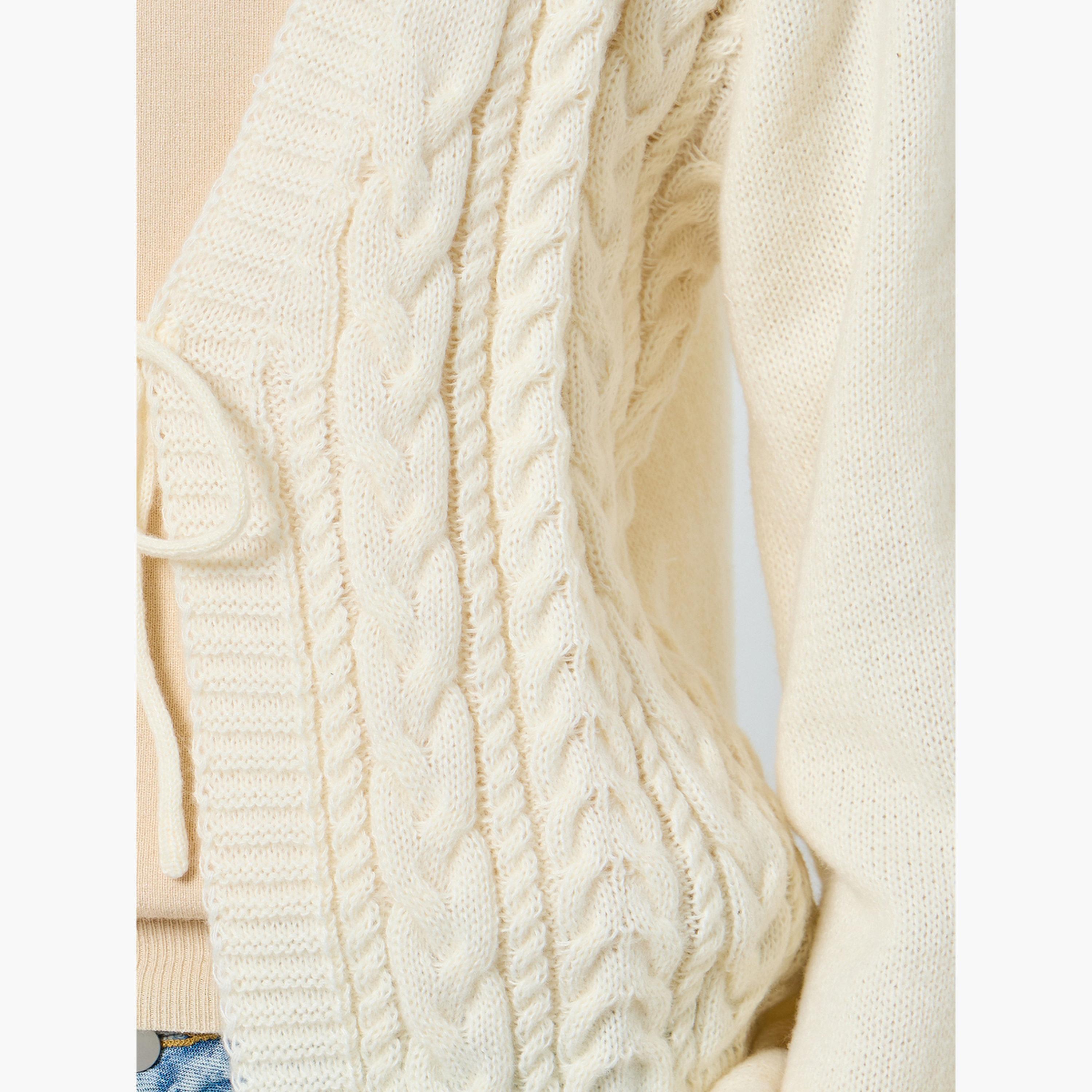 ستايلي - كارديغان كريمي بقصّة مربعة وربطة أمامية نسيج الكابل للنساء -women-winterwear-cardigansandjumpers-cardigans-image-3
