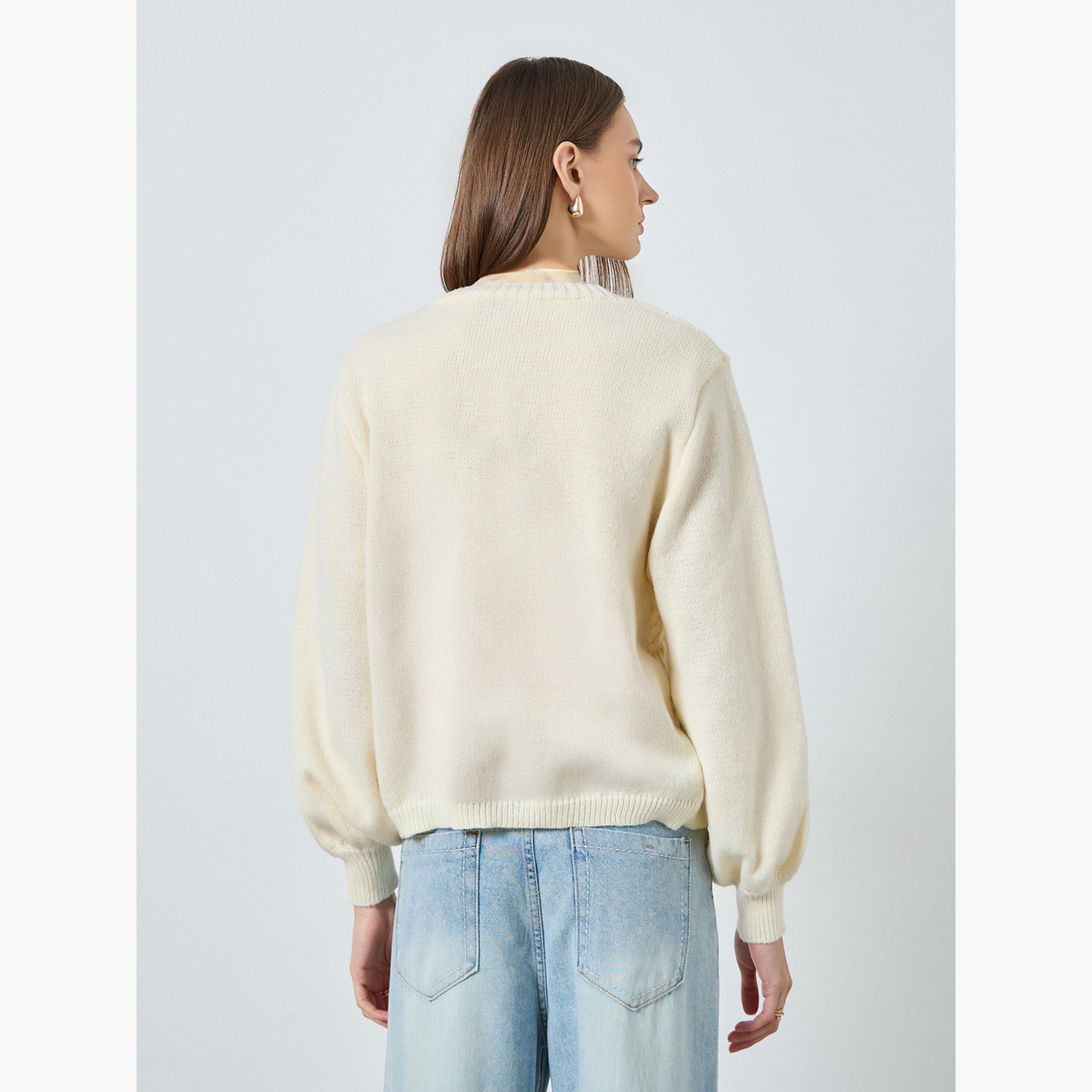 ستايلي - كارديغان كريمي بقصّة مربعة وربطة أمامية نسيج الكابل للنساء -women-winterwear-cardigansandjumpers-cardigans-image-4