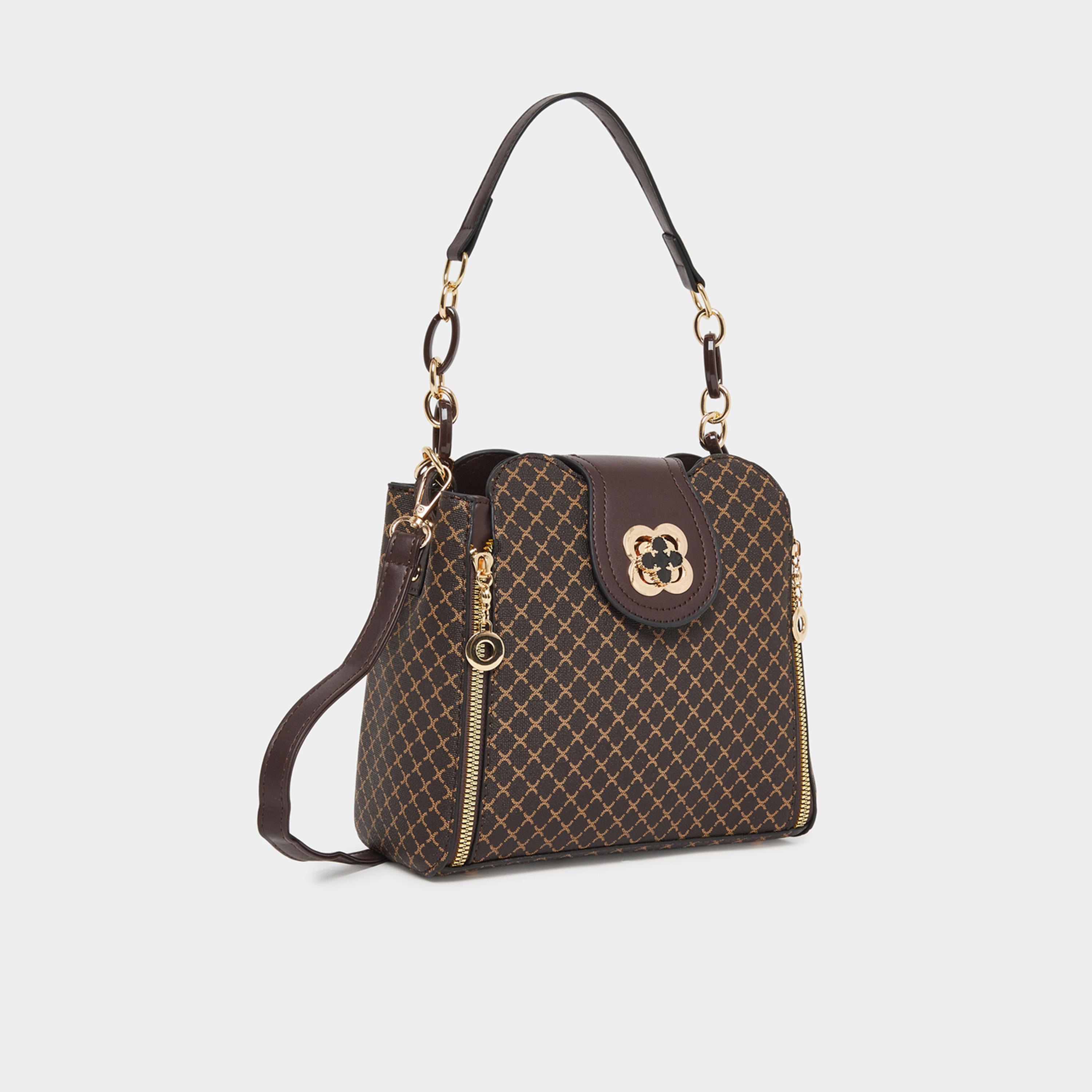 Take Two Brown Patterned Shoulder Bag with Zip Detail-women-bagsandwallets-handbags-image-1