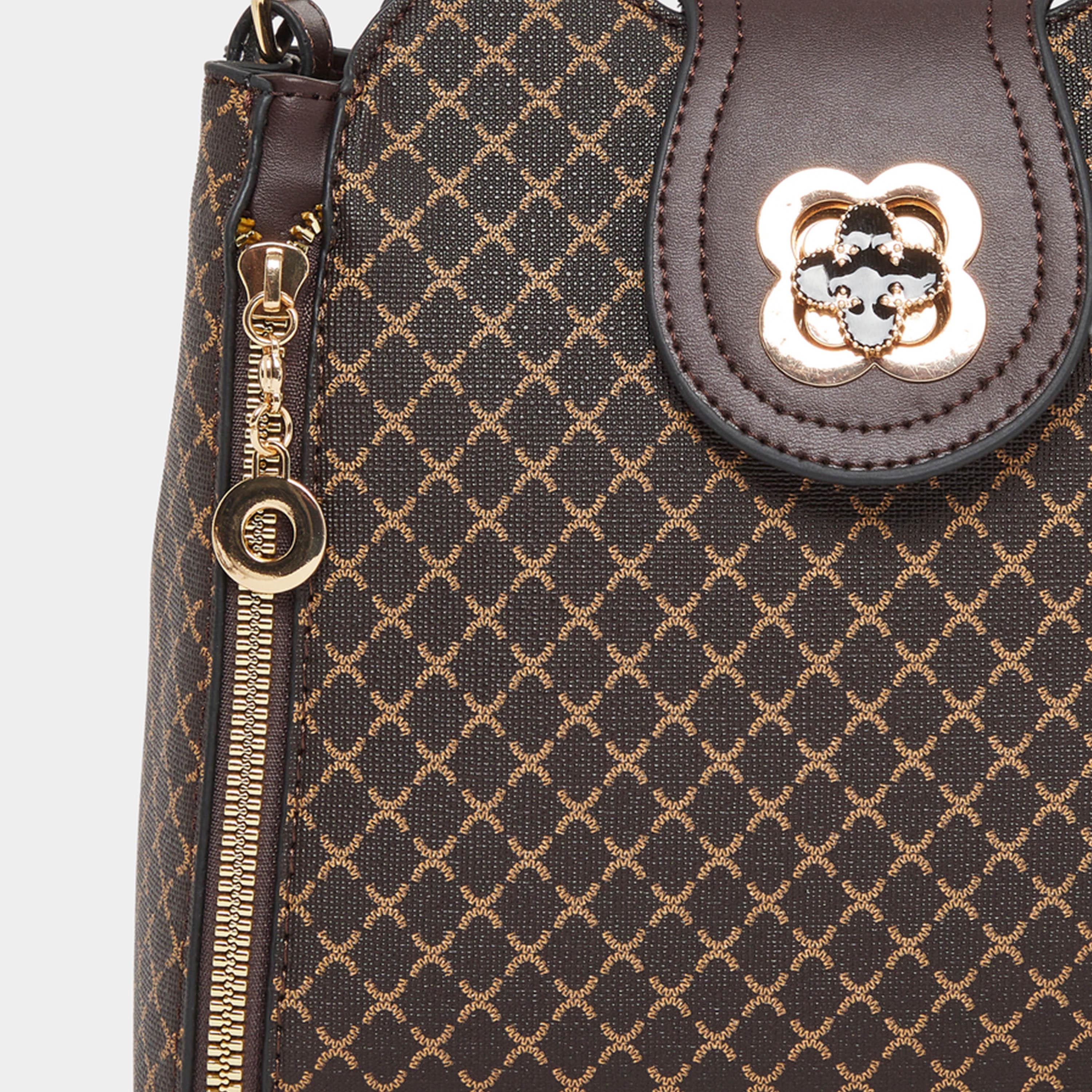 تيك تو - شنطة كتف منقوشة لون بني مع تفاصيل سحاب-women-bagsandwallets-handbags-image-4