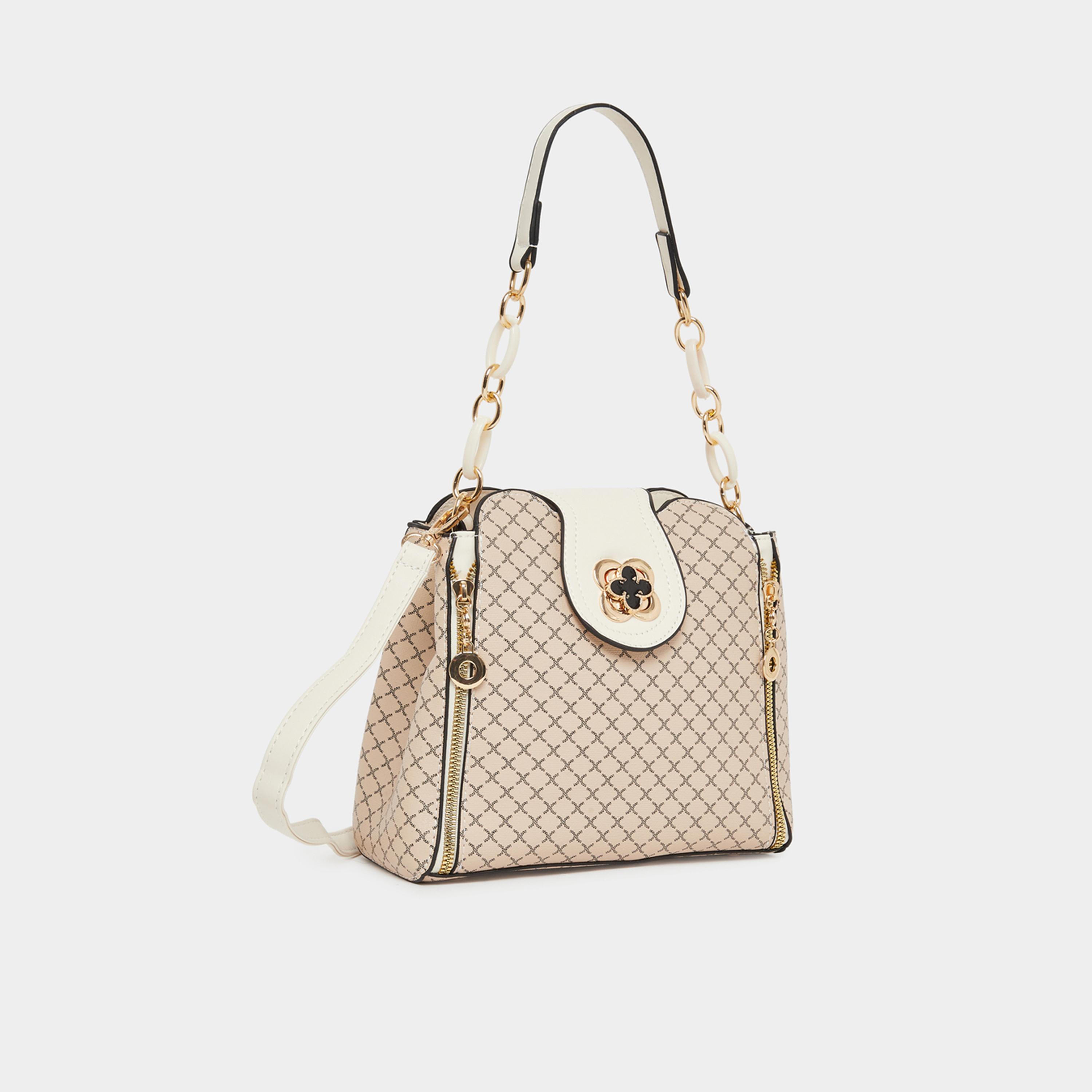 Take Two Beige Patterned Shoulder Bag with Zip Detail-women-bagsandwallets-handbags-image-1