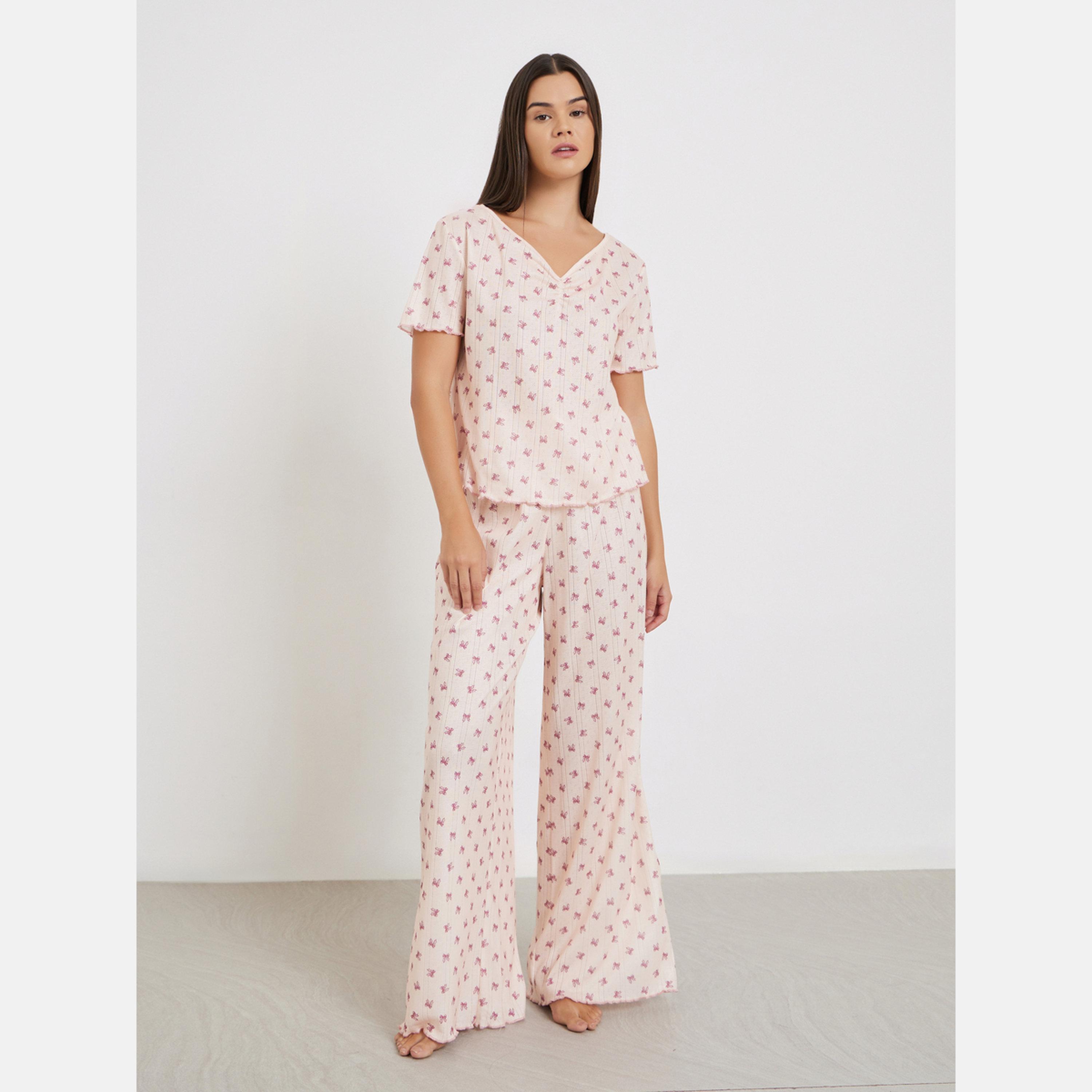 Styli Bow Print Pointelle Dropped Shoulder T-Shirt and Wide Leg Pyjama Set-women-clothing-nightwear-pyjamas-longsets-image-1