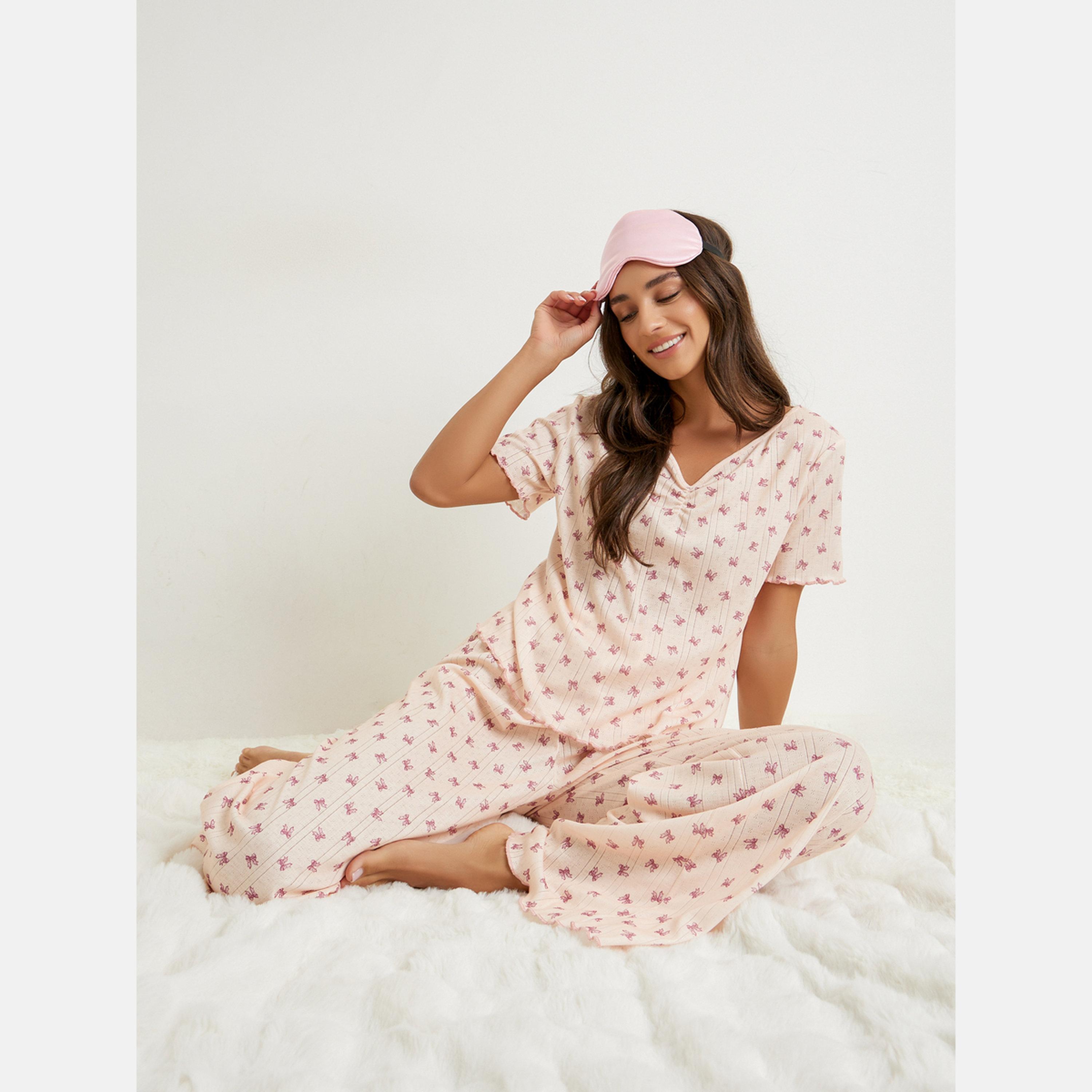 Styli Bow Print Pointelle Dropped Shoulder T-Shirt and Wide Leg Pyjama Set-women-clothing-nightwear-pyjamas-longsets-image-2
