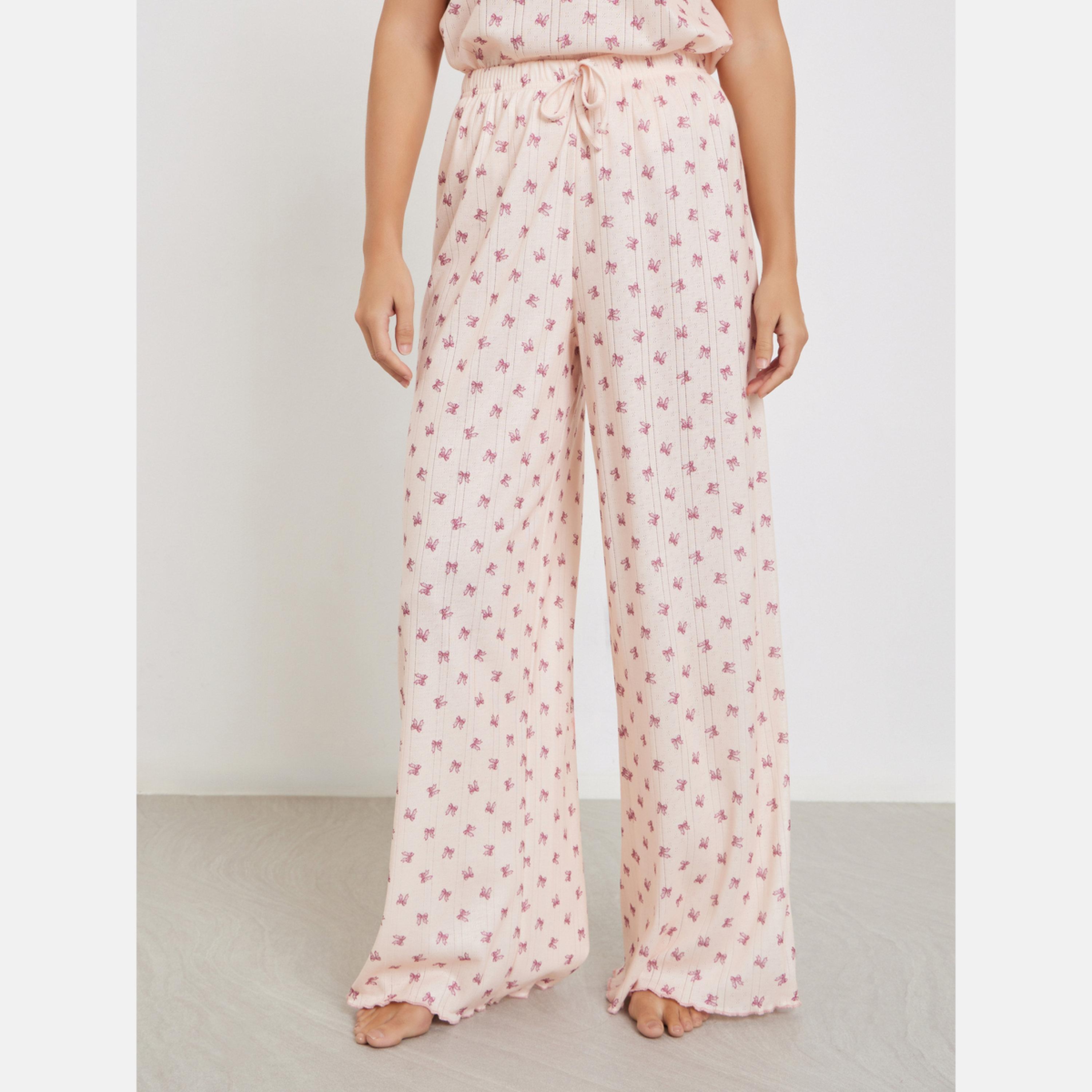 Styli Bow Print Pointelle Dropped Shoulder T-Shirt and Wide Leg Pyjama Set-women-clothing-nightwear-pyjamas-longsets-image-4