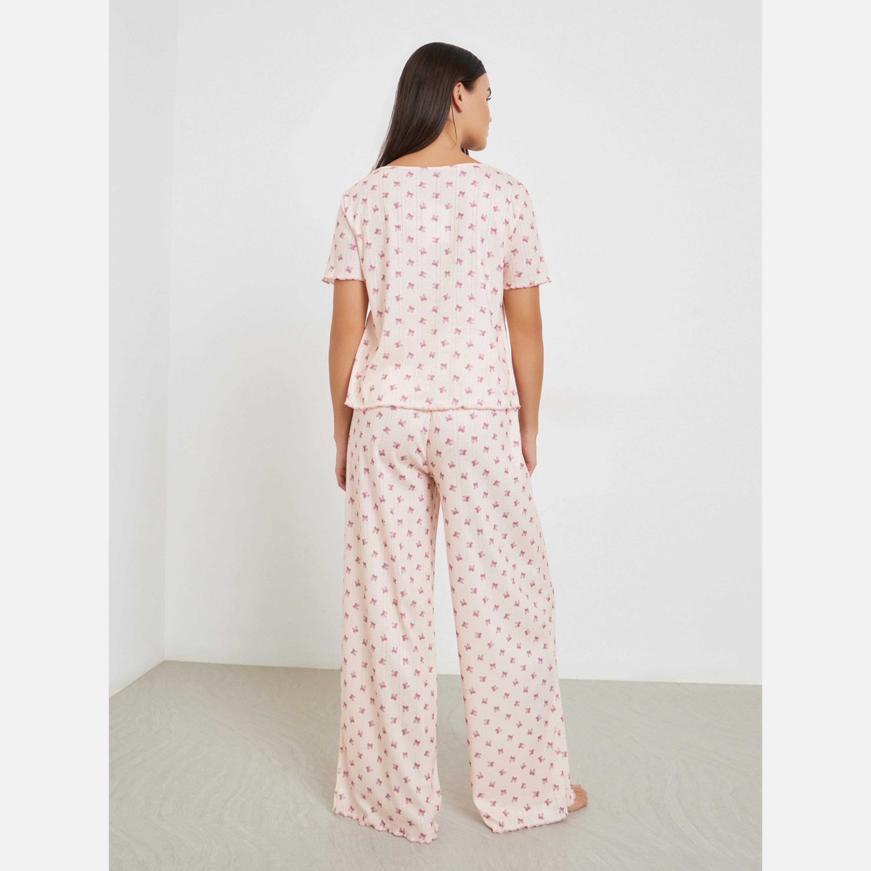 Styli Bow Print Pointelle Dropped Shoulder T-Shirt and Wide Leg Pyjama Set-women-clothing-nightwear-pyjamas-longsets-image-5