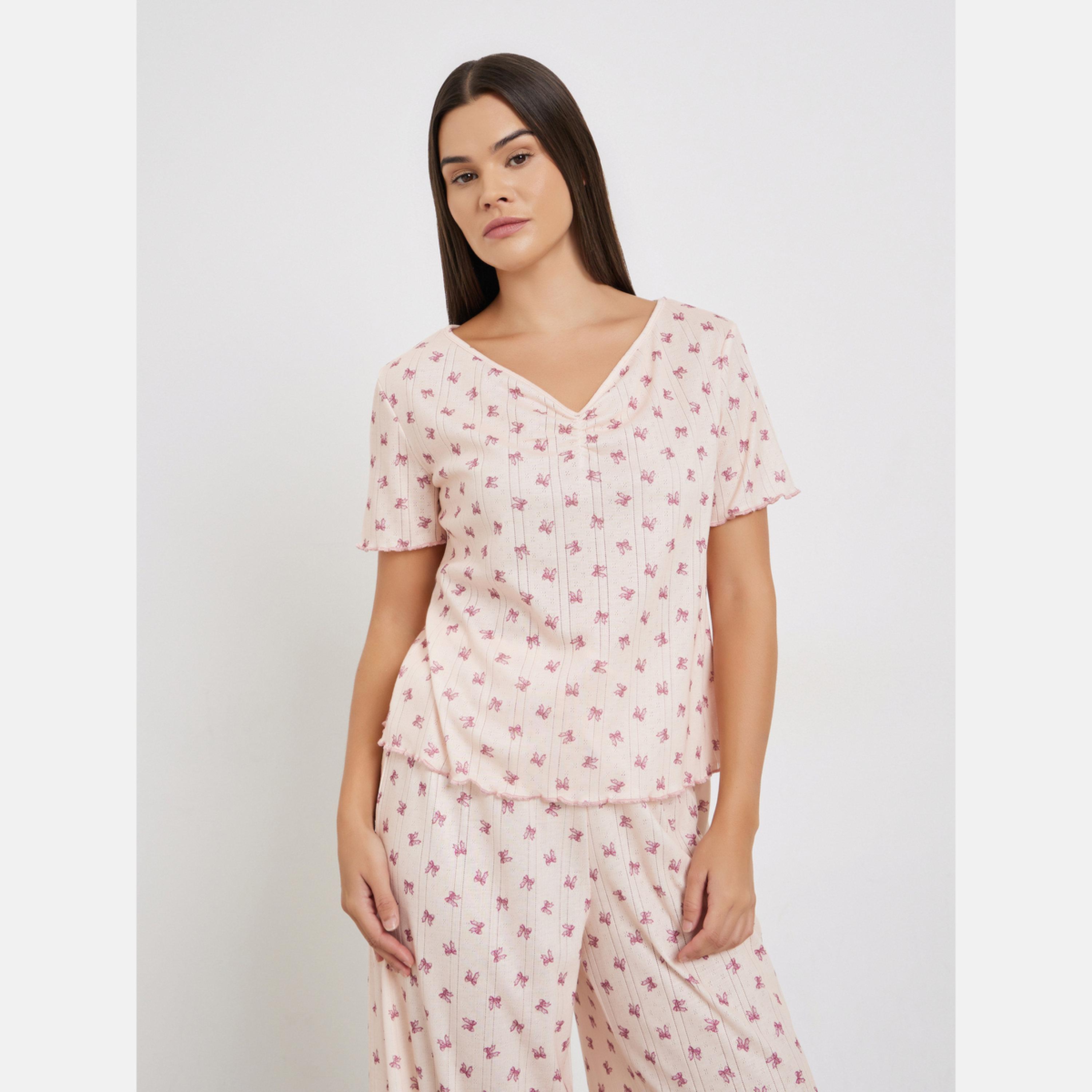 Styli Bow Print Pointelle Dropped Shoulder T-Shirt and Wide Leg Pyjama Set-women-clothing-nightwear-pyjamas-longsets-image-6