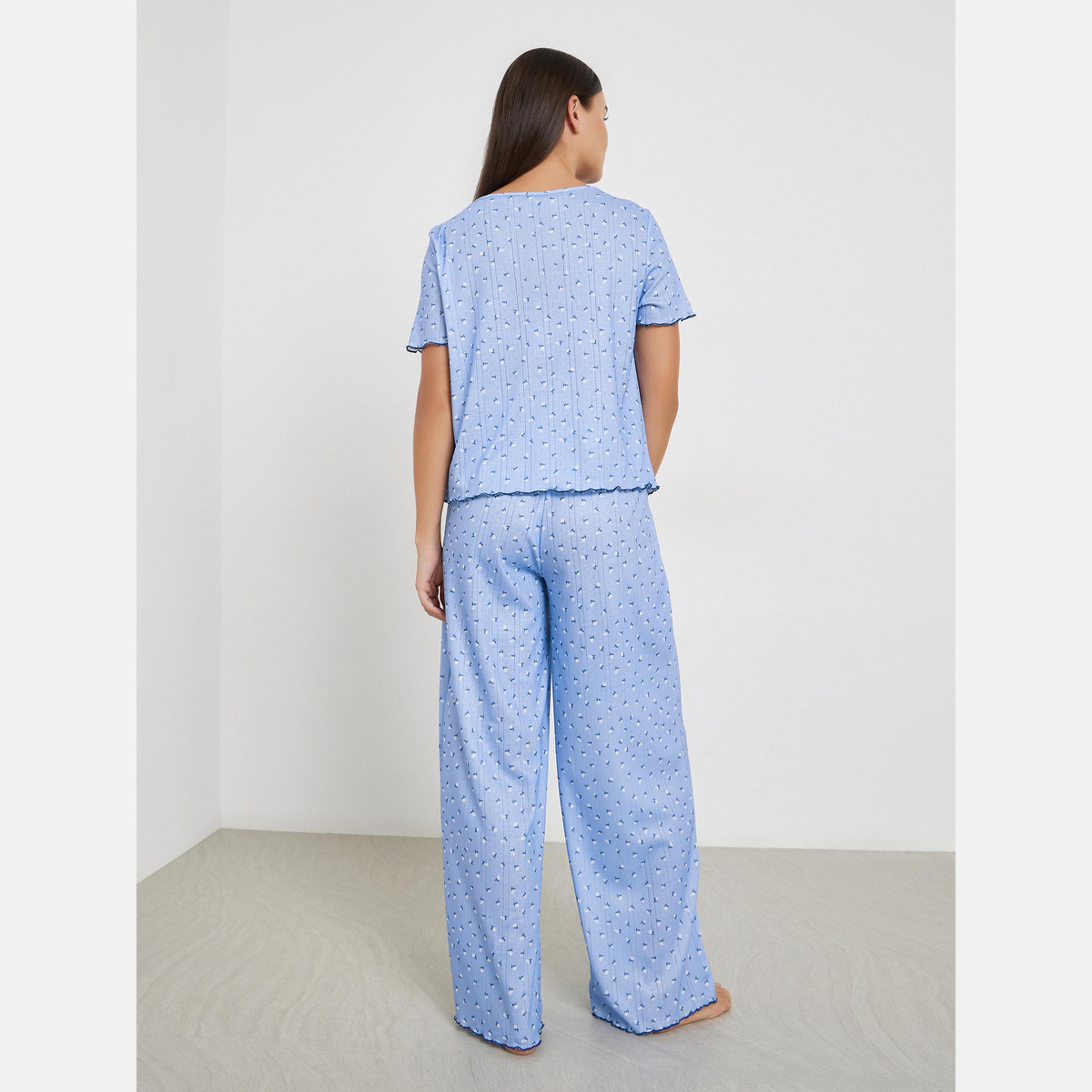 ستايلي - بيجاما بنقشة زهور ديتسي مع تي شيرت منسدل الكتفين وبنطال واسع الساق-women-clothing-nightwear-pyjamas-longsets-image-5