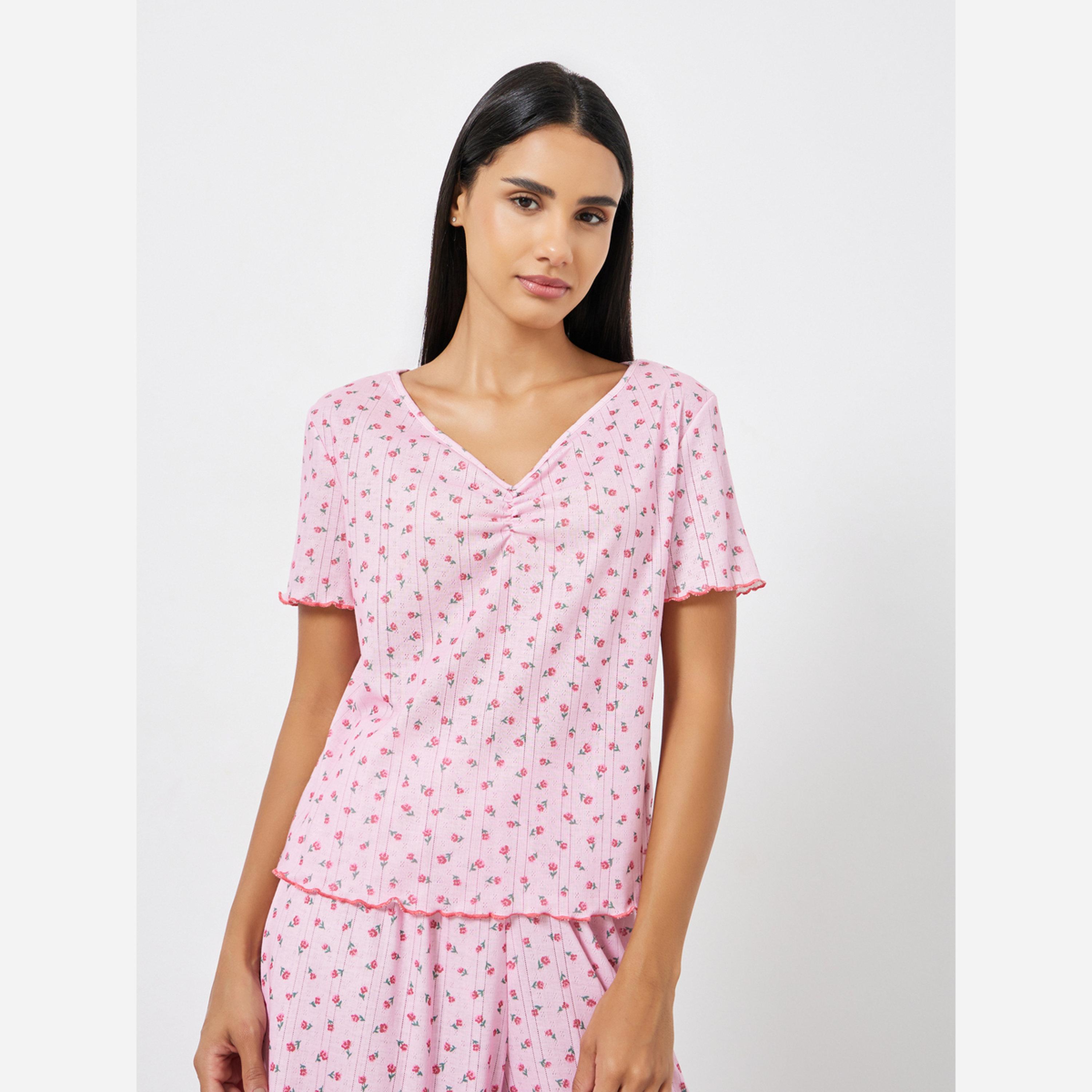 ستايلي - بنطال بيجاما واسع الساقين مزين وتيشيرت أكمام منسدلة وطبعة زهور صغيرة-women-clothing-nightwear-pyjamas-longsets-image-3