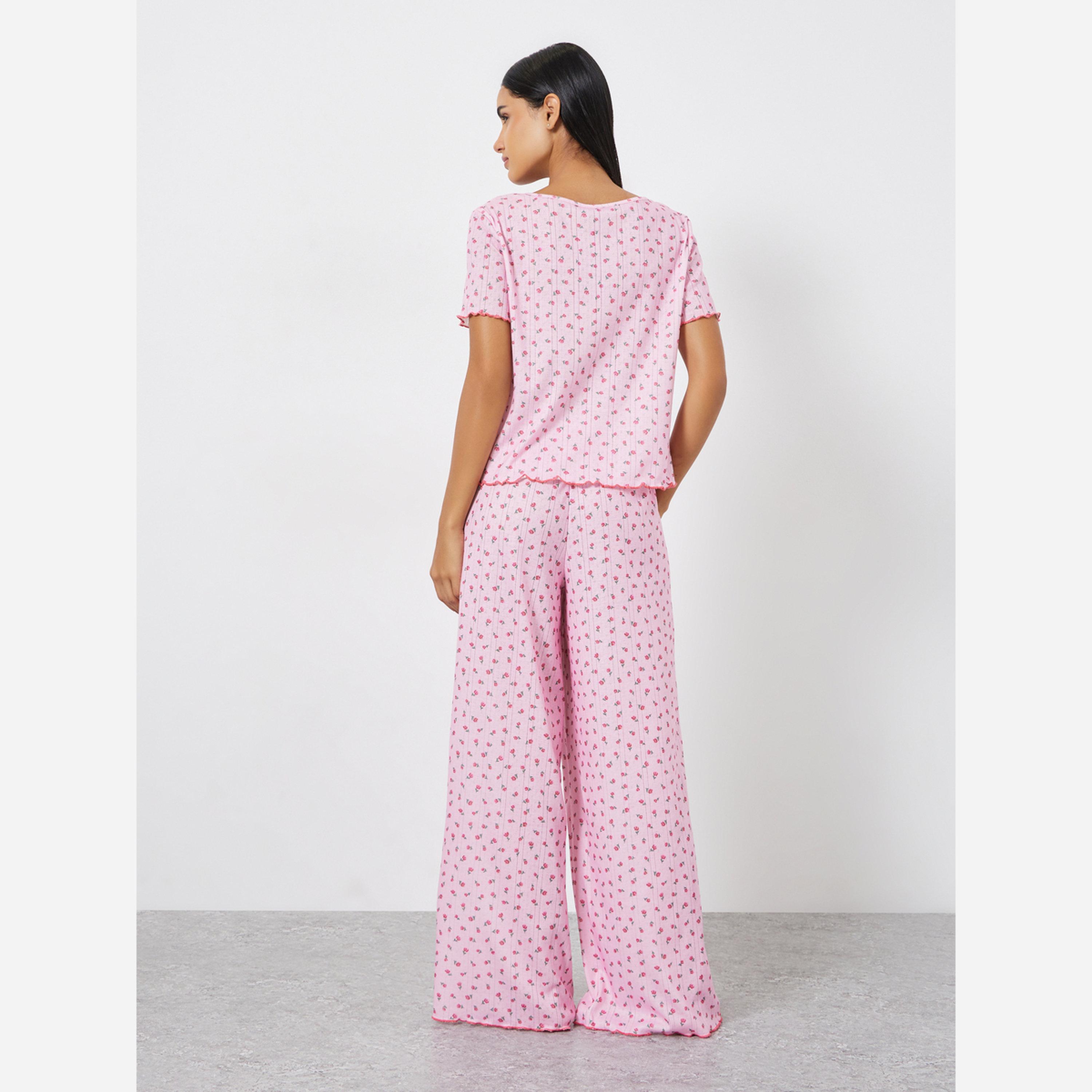 ستايلي - بنطال بيجاما واسع الساقين مزين وتيشيرت أكمام منسدلة وطبعة زهور صغيرة-women-clothing-nightwear-pyjamas-longsets-image-5