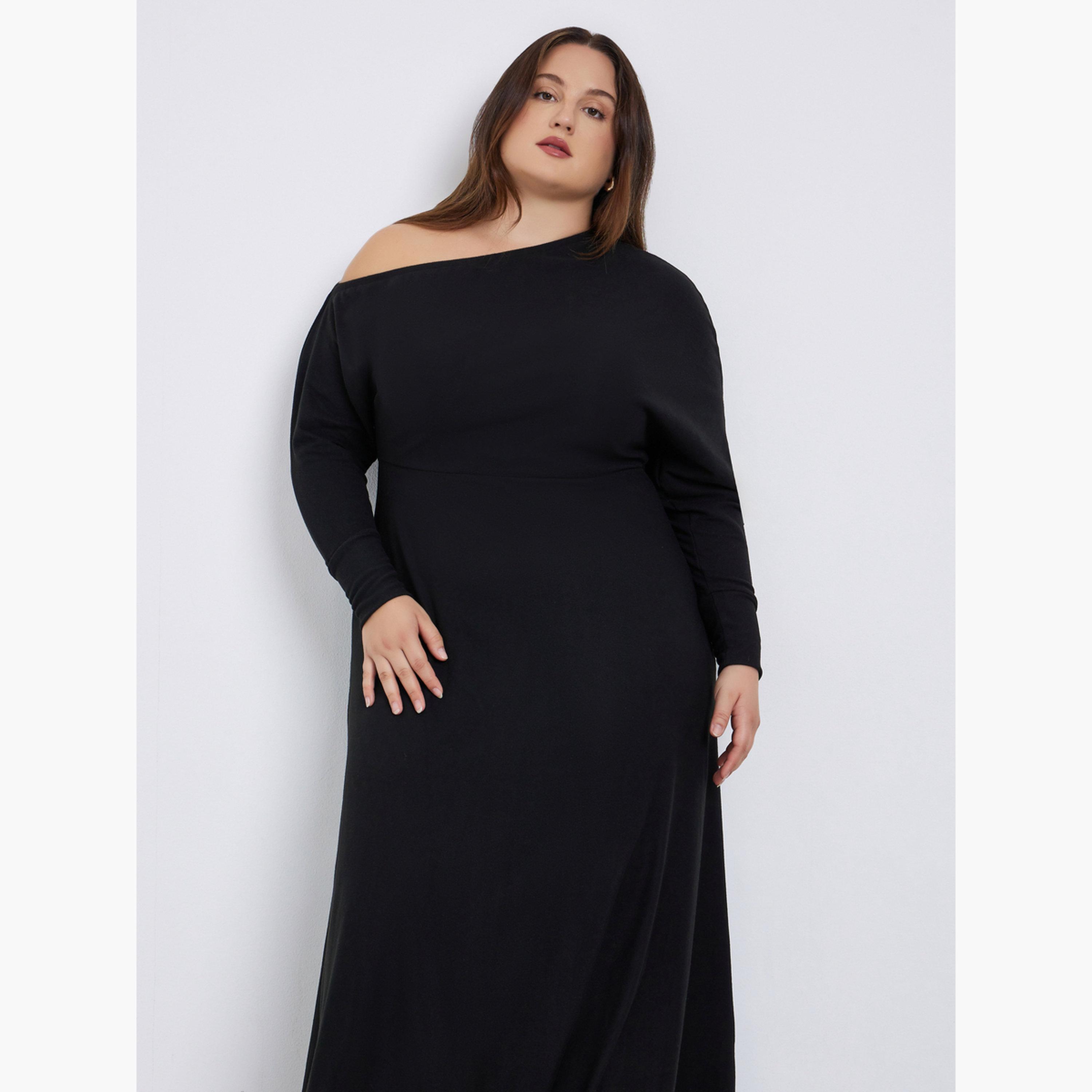 ستايلي - فستان ماكسي محبوك برقبة غير متماثلة وحجم كبير-women-clothing-dresses-image-4