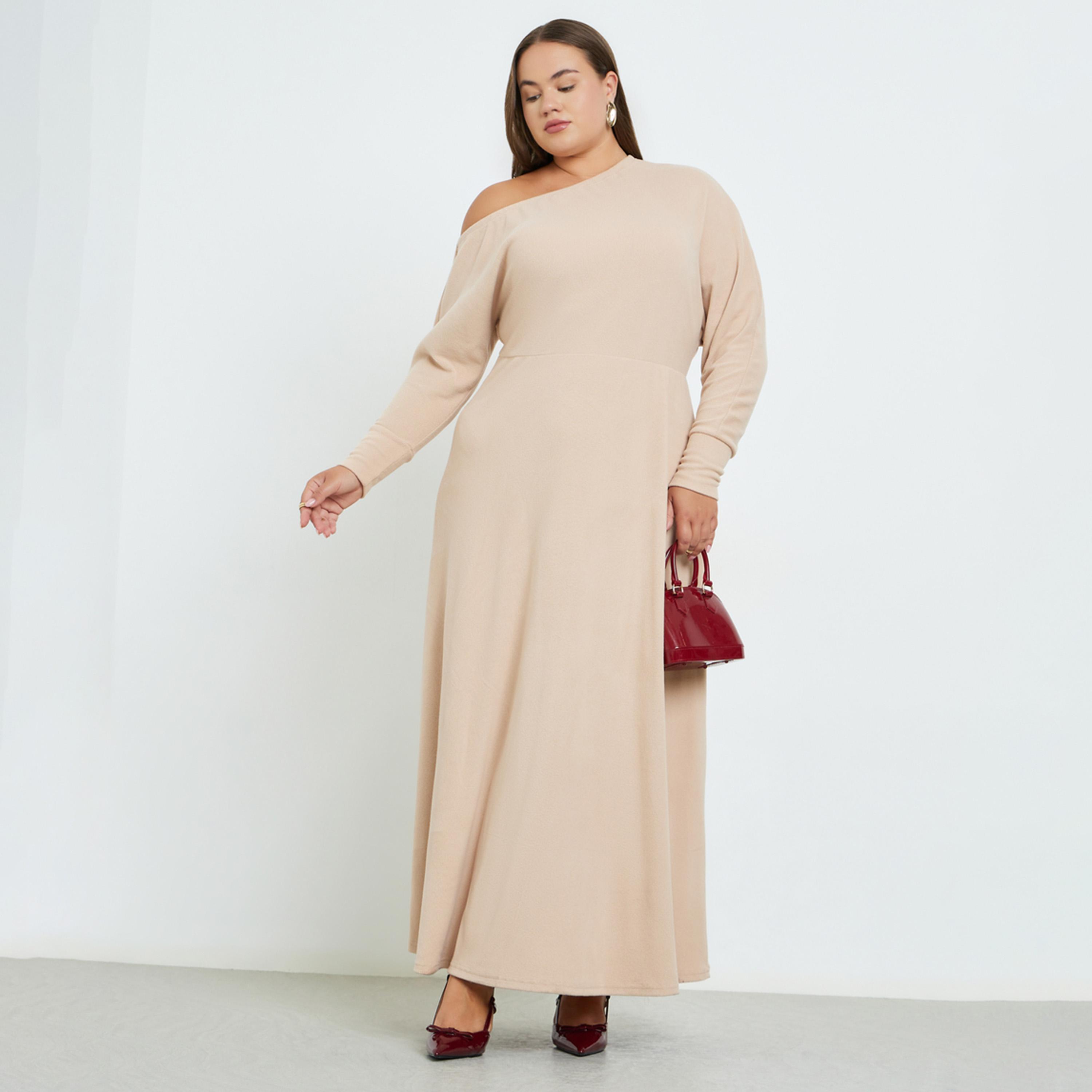 ستايلي - فستان ماكسي محبوك برقبة غير متماثلة وحجم كبير-women-clothing-dresses-image-1