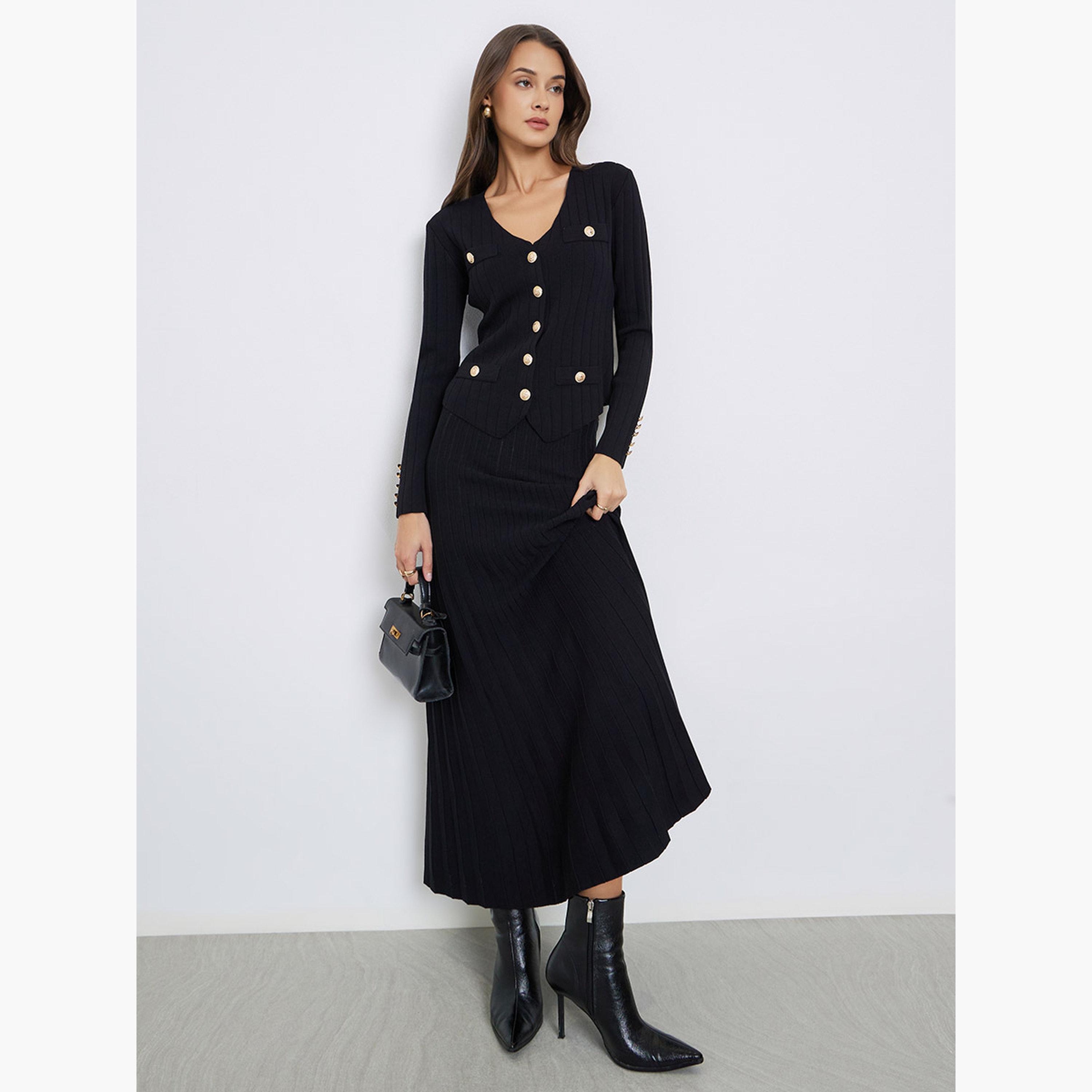 ستايلي - كارديغان أسود محبوك وتنورة مطوية-women-clothing-coordsets-image-1
