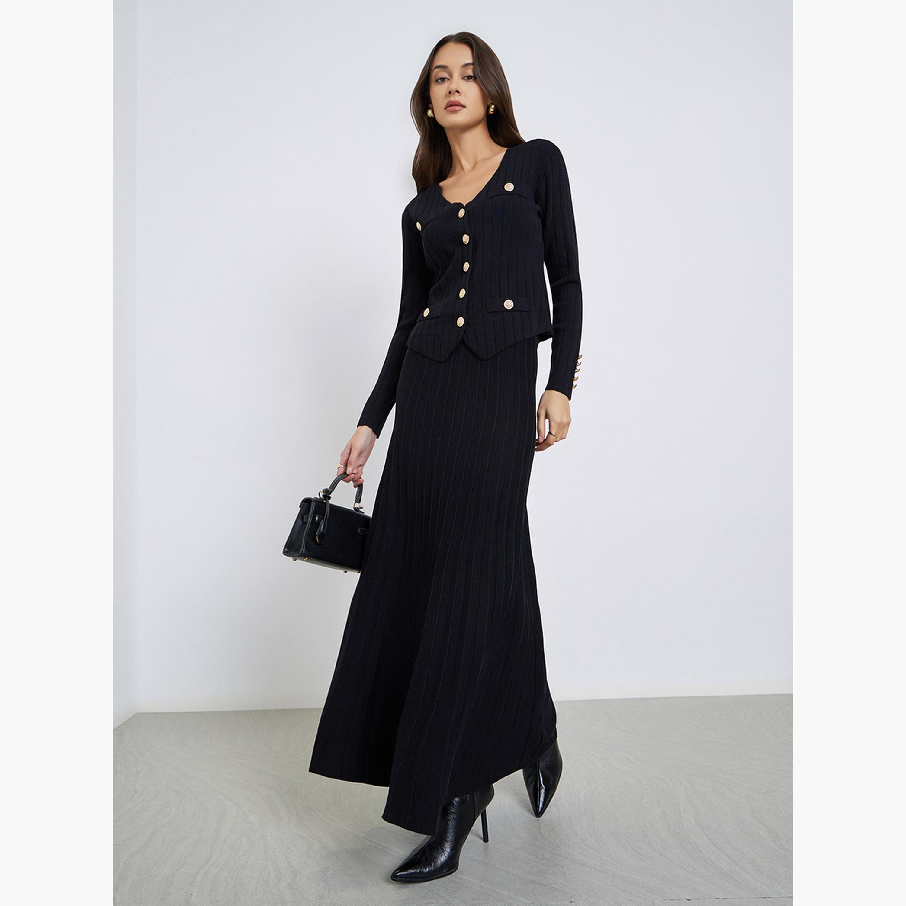 ستايلي - كارديغان أسود محبوك وتنورة مطوية-women-clothing-coordsets-image-2