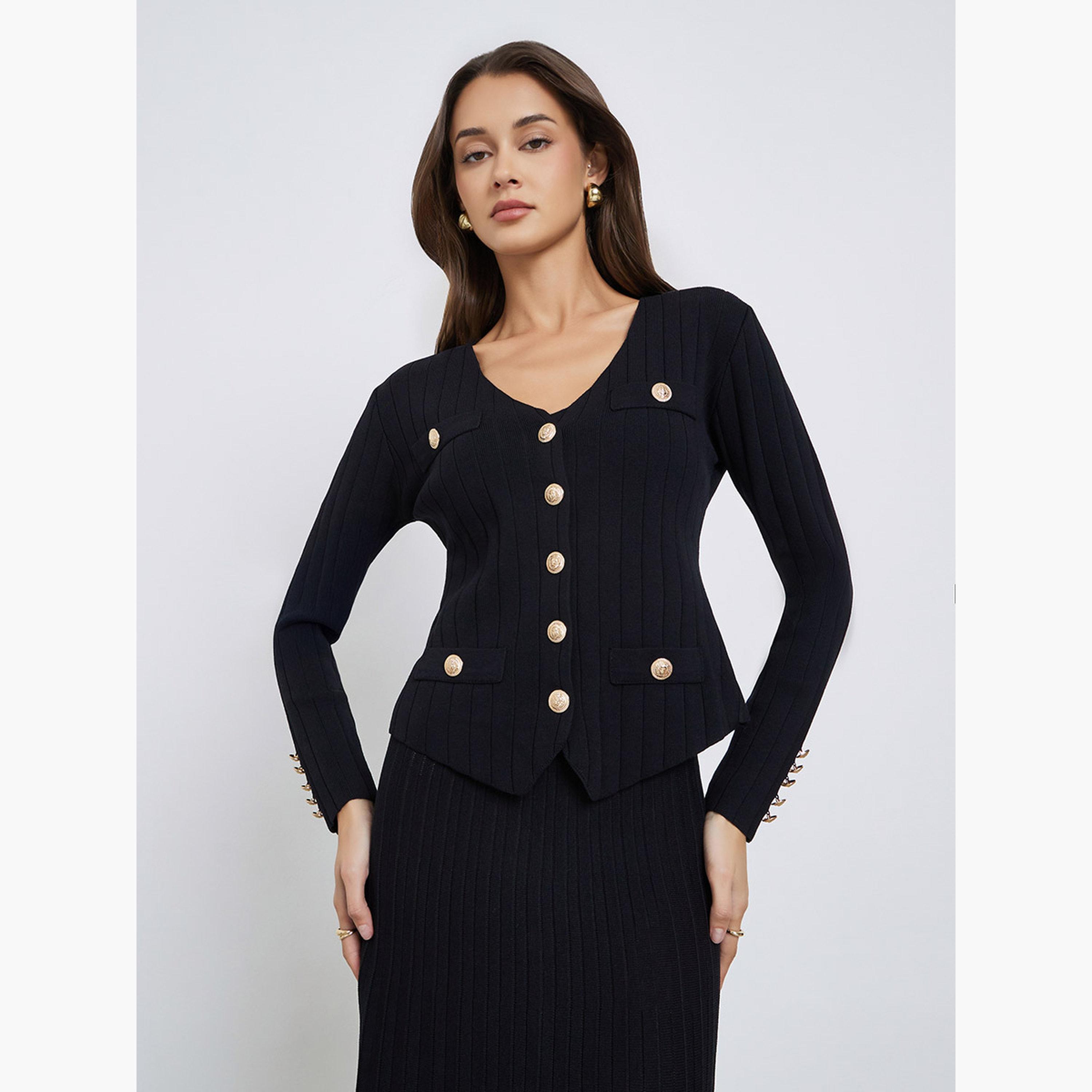 ستايلي - كارديغان أسود محبوك وتنورة مطوية-women-clothing-coordsets-image-3