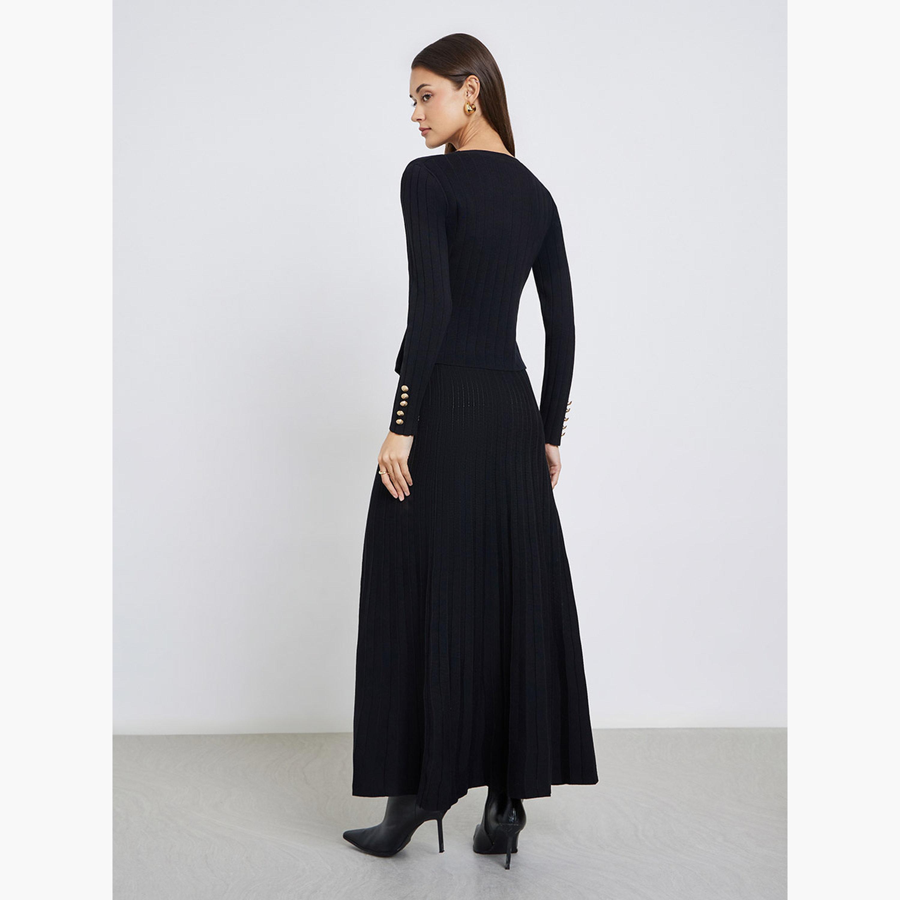 ستايلي - كارديغان أسود محبوك وتنورة مطوية-women-clothing-coordsets-image-4