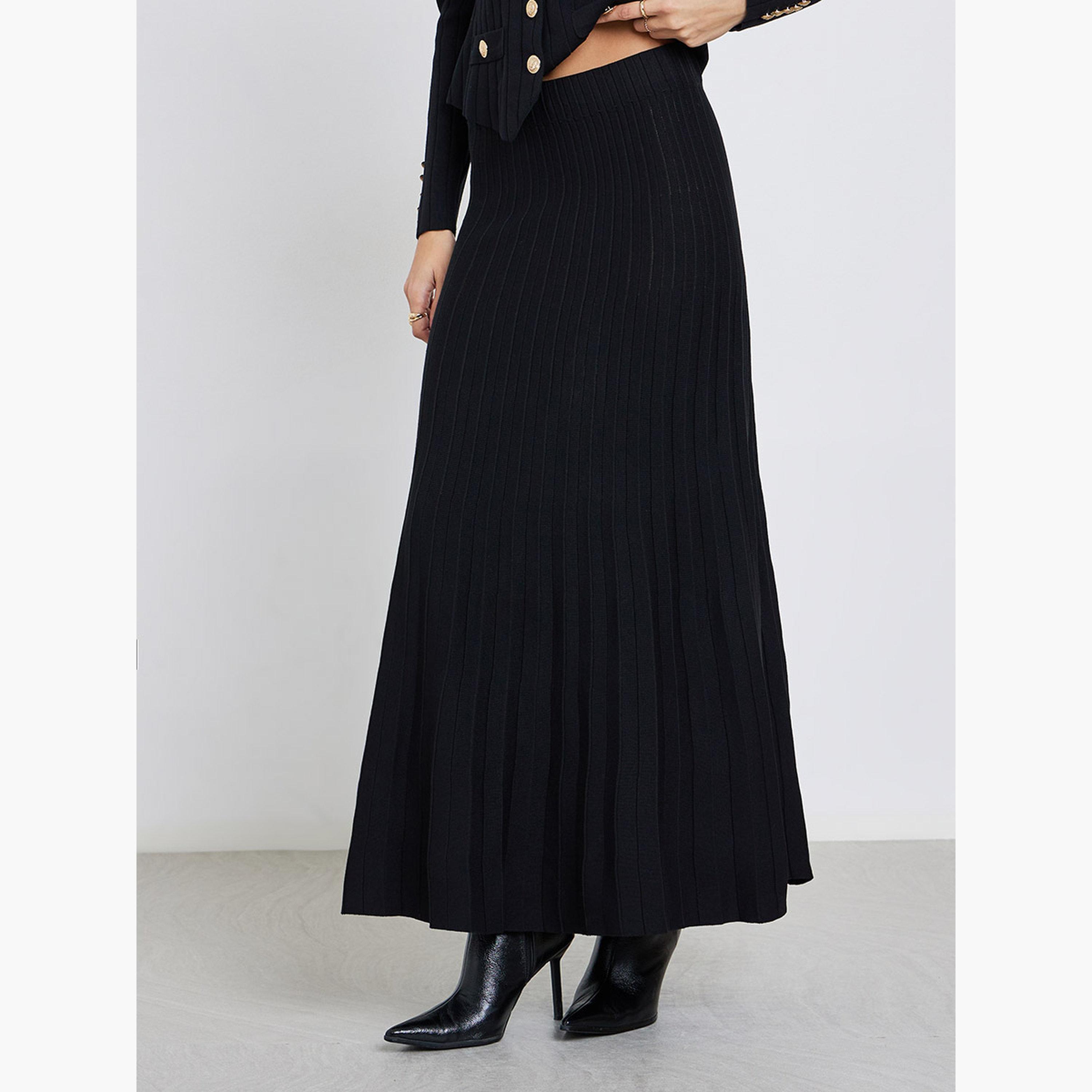 ستايلي - كارديغان أسود محبوك وتنورة مطوية-women-clothing-coordsets-image-5