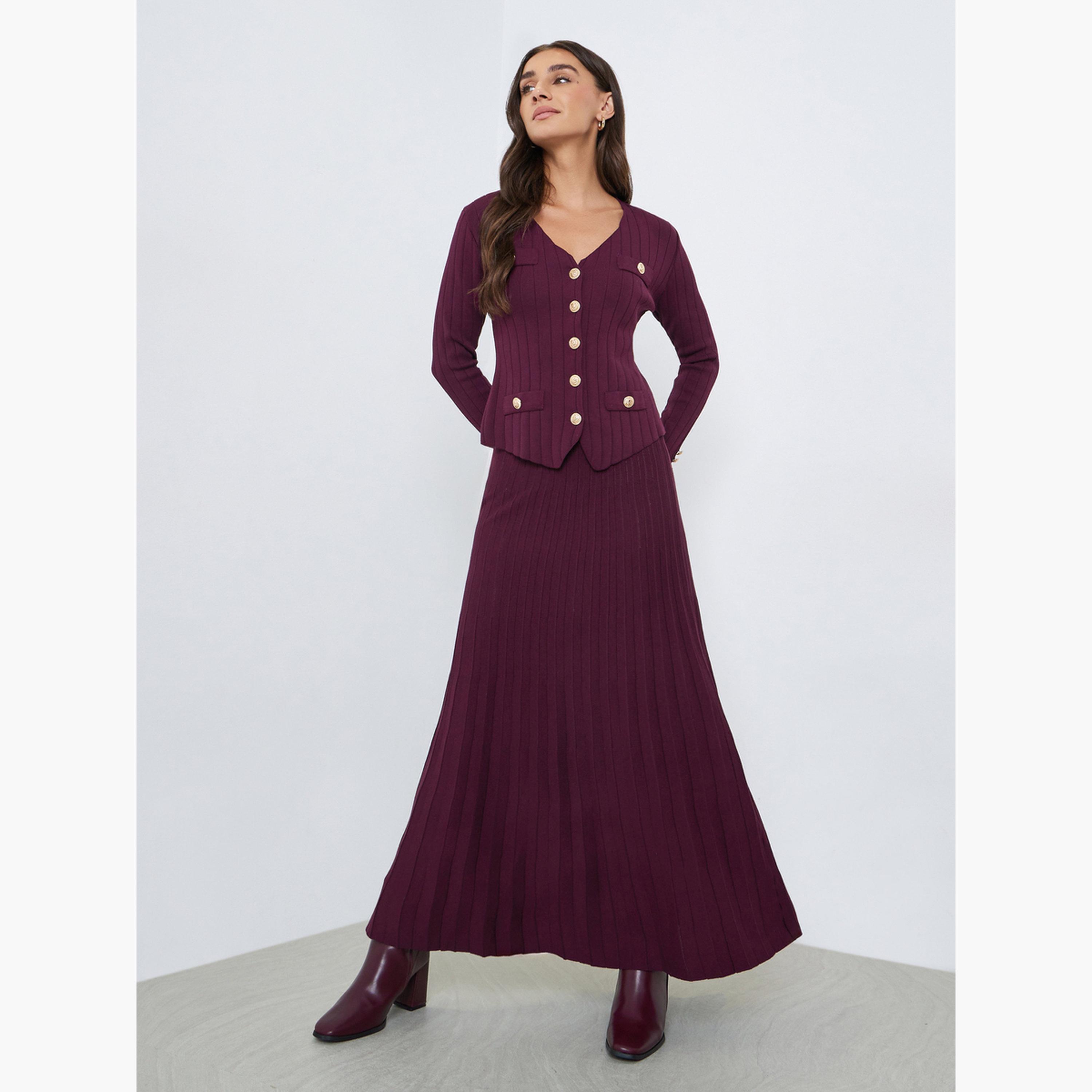 ستايلي - كارديغان محبوك باللون البرغندي مع تنورة مطوية-women-clothing-coordsets-image-1