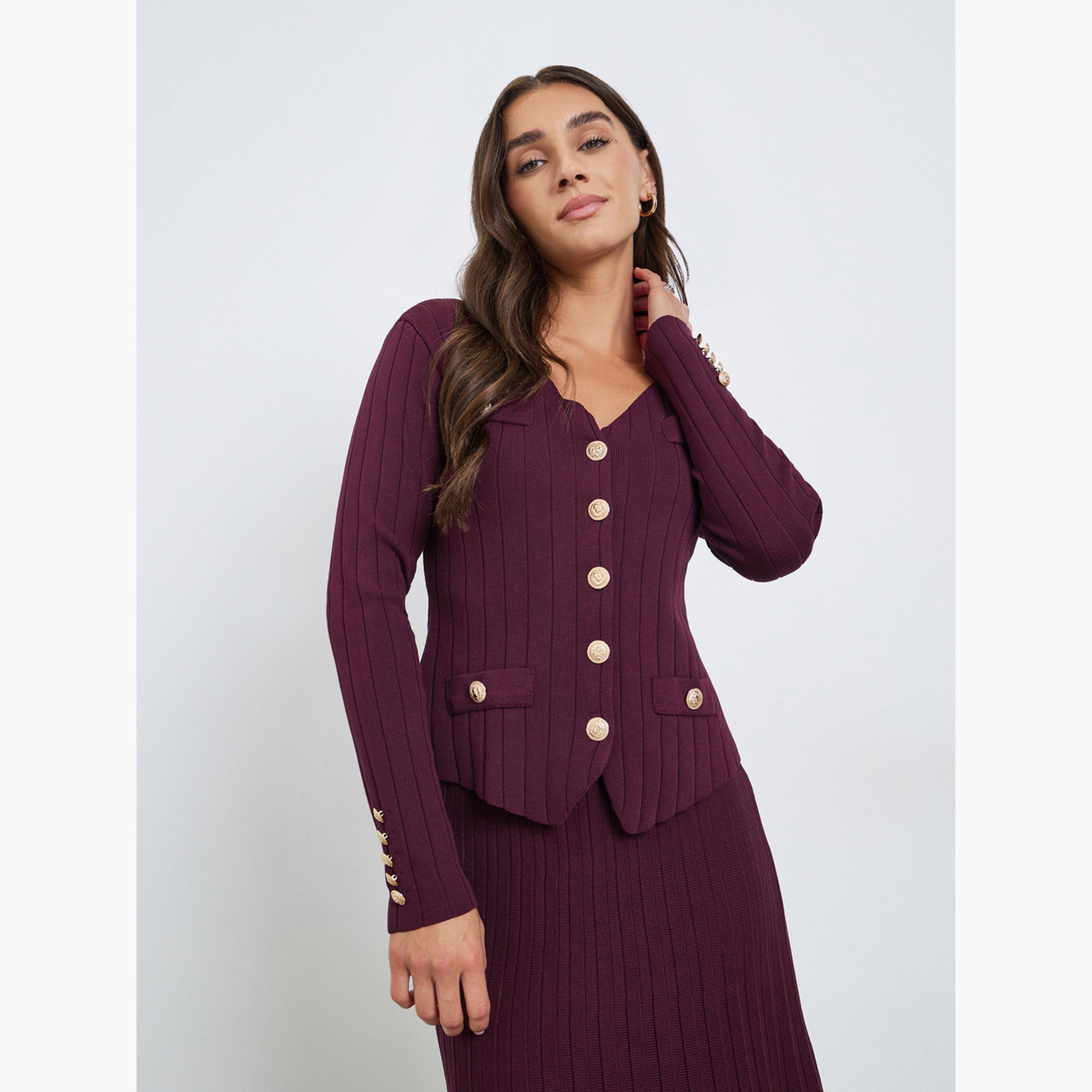 ستايلي - كارديغان محبوك باللون البرغندي مع تنورة مطوية-women-clothing-coordsets-image-2