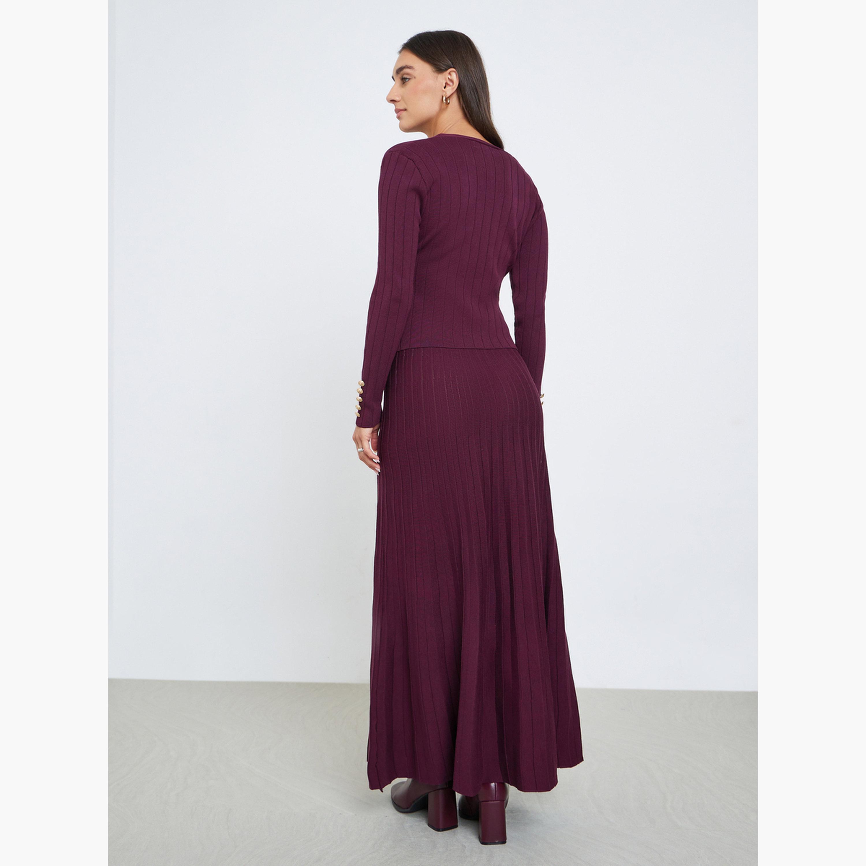 ستايلي - كارديغان محبوك باللون البرغندي مع تنورة مطوية-women-clothing-coordsets-image-3