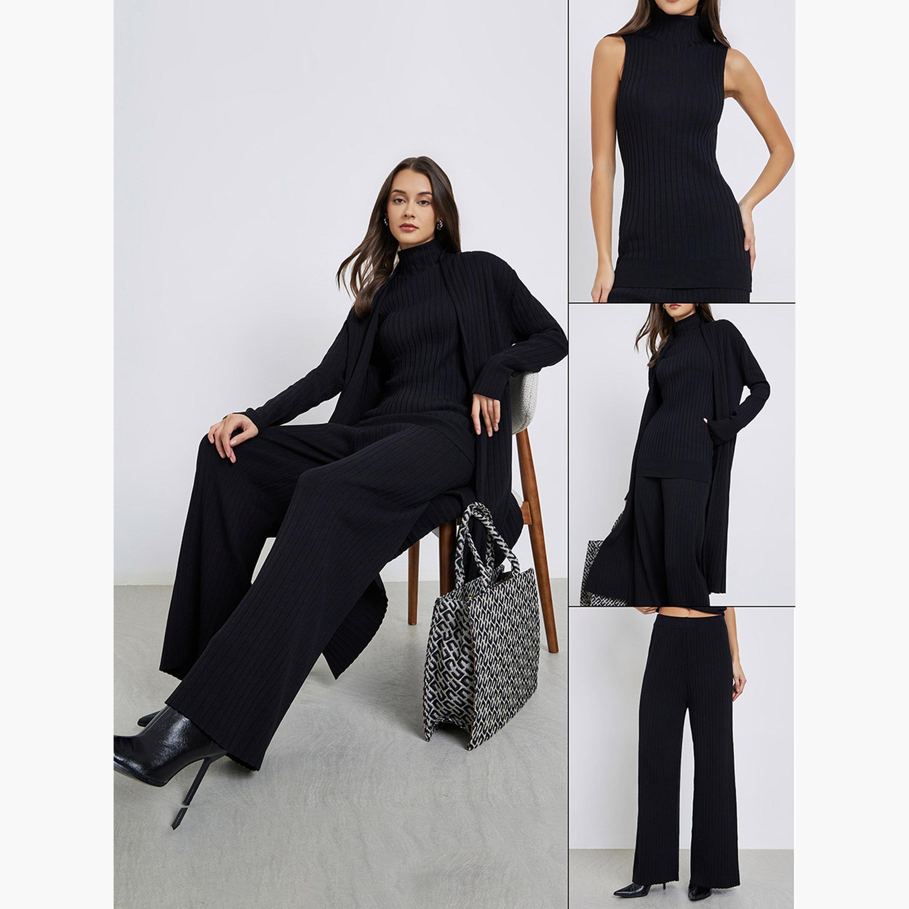 ستايلي - مجموعة من 3 قطع - بلوزة محبوكة مضلعة، كارديغان وبنطال-women-clothing-coordsets-image-1