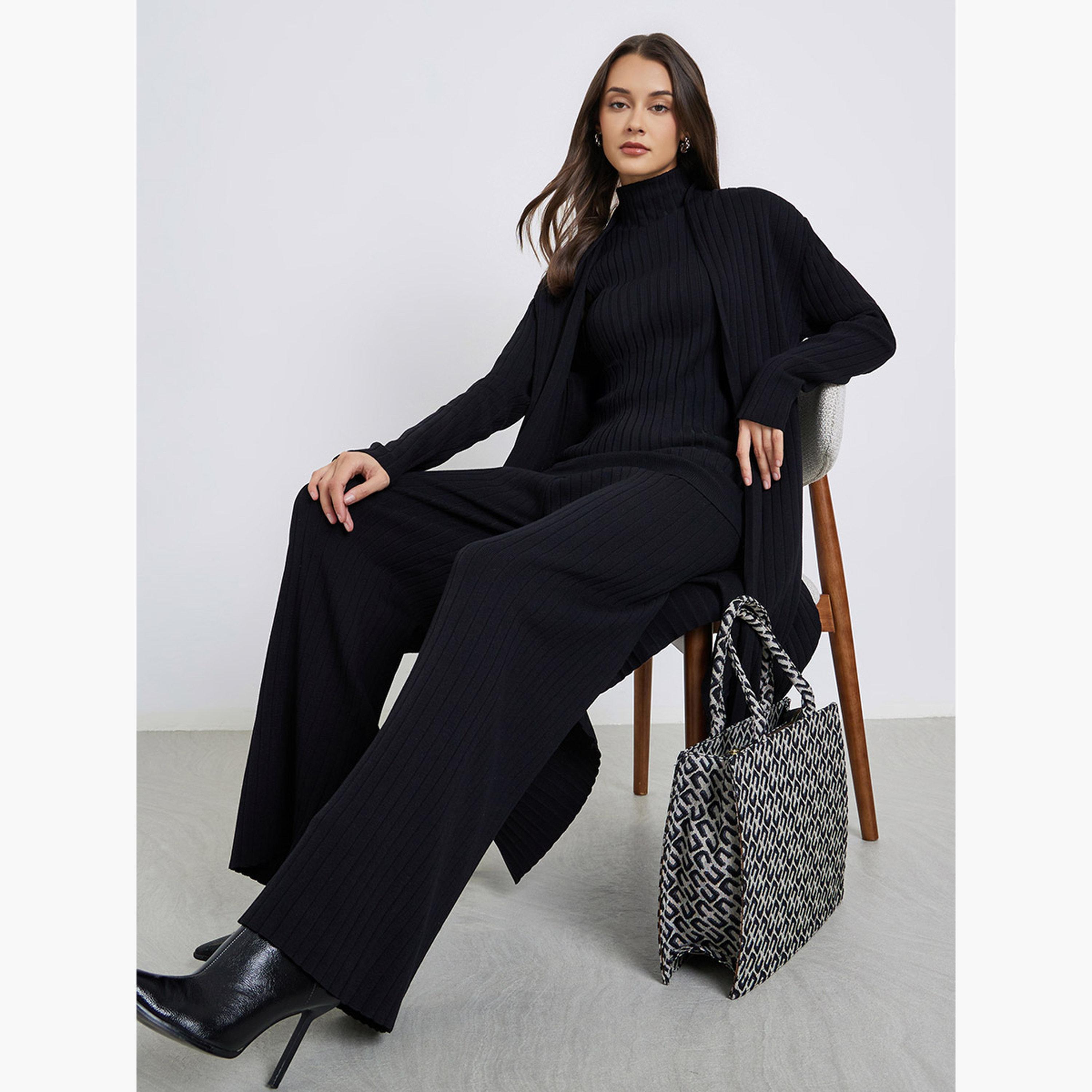 ستايلي - مجموعة من 3 قطع - بلوزة محبوكة مضلعة، كارديغان وبنطال-women-clothing-coordsets-image-2