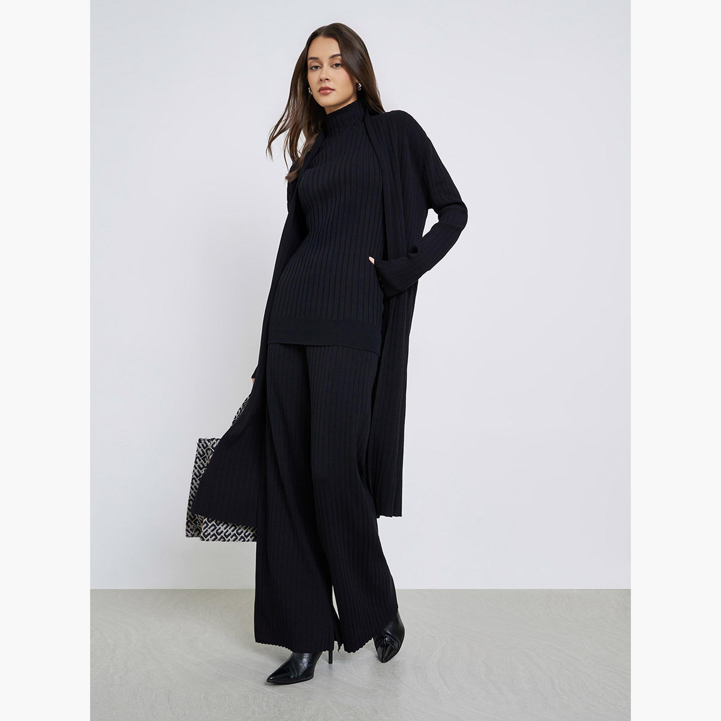 ستايلي - مجموعة من 3 قطع - بلوزة محبوكة مضلعة، كارديغان وبنطال-women-clothing-coordsets-image-3